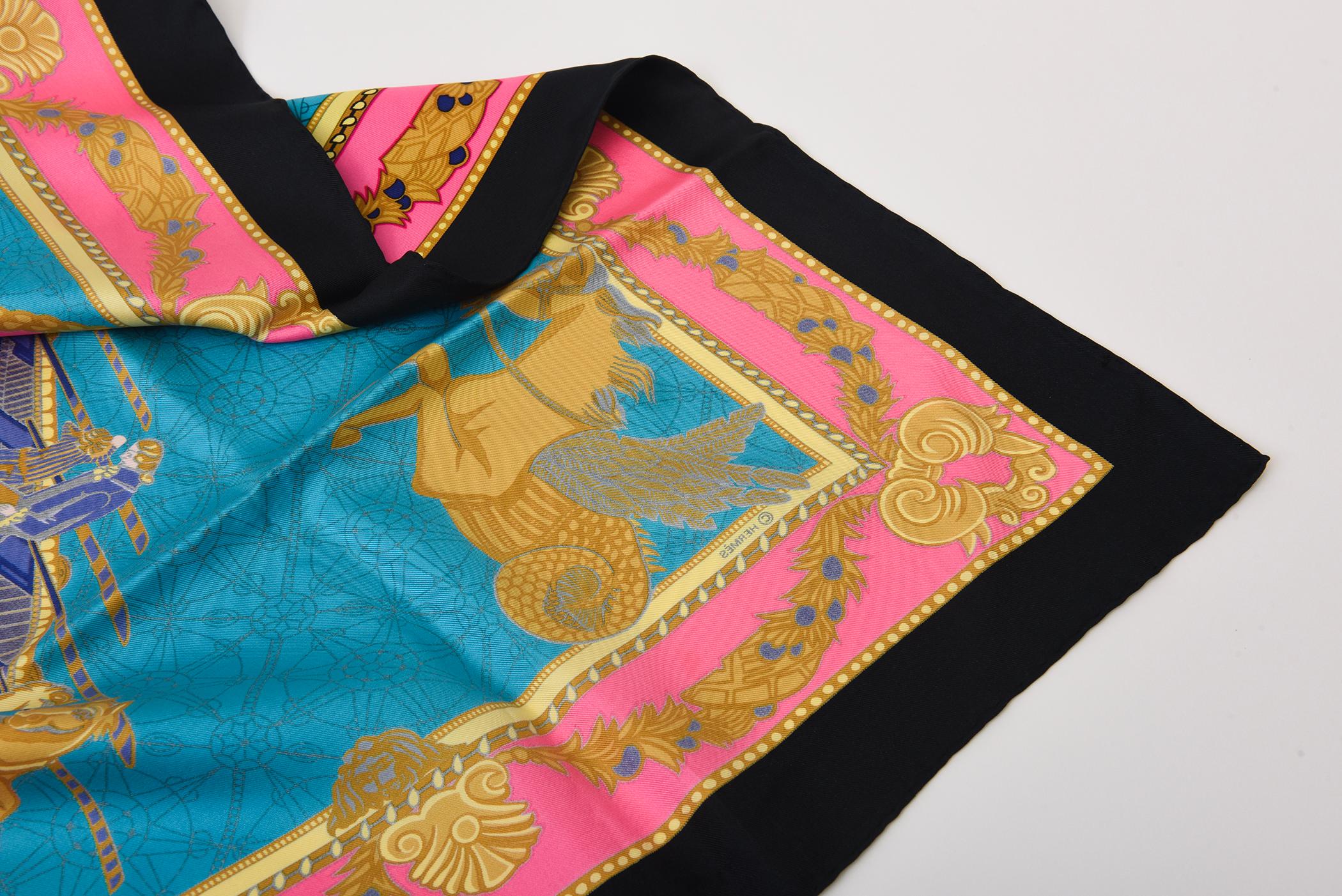 Vintage Hermes Seidenschal Les Bissone de Venice Hot Pink, Türkis, Schwarz, Gold im Angebot 1