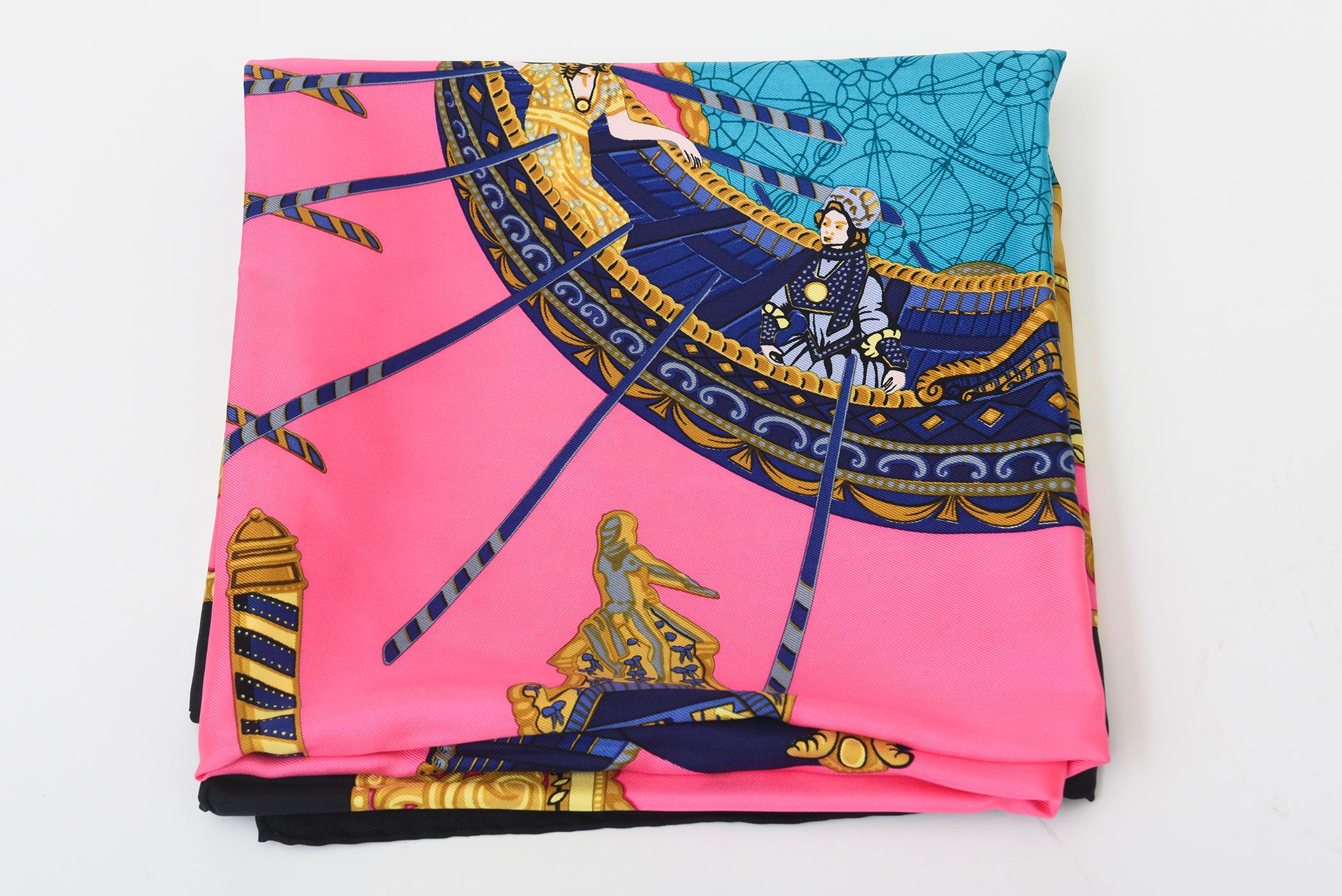 Vintage Hermes Seidenschal Les Bissone de Venice Hot Pink, Türkis, Schwarz, Gold im Angebot 2