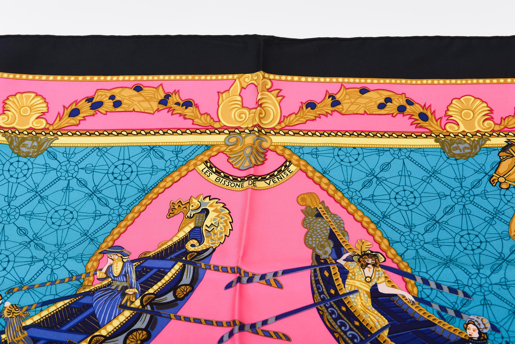 Vintage Hermes Seidenschal Les Bissone de Venice Hot Pink, Türkis, Schwarz, Gold im Angebot 4