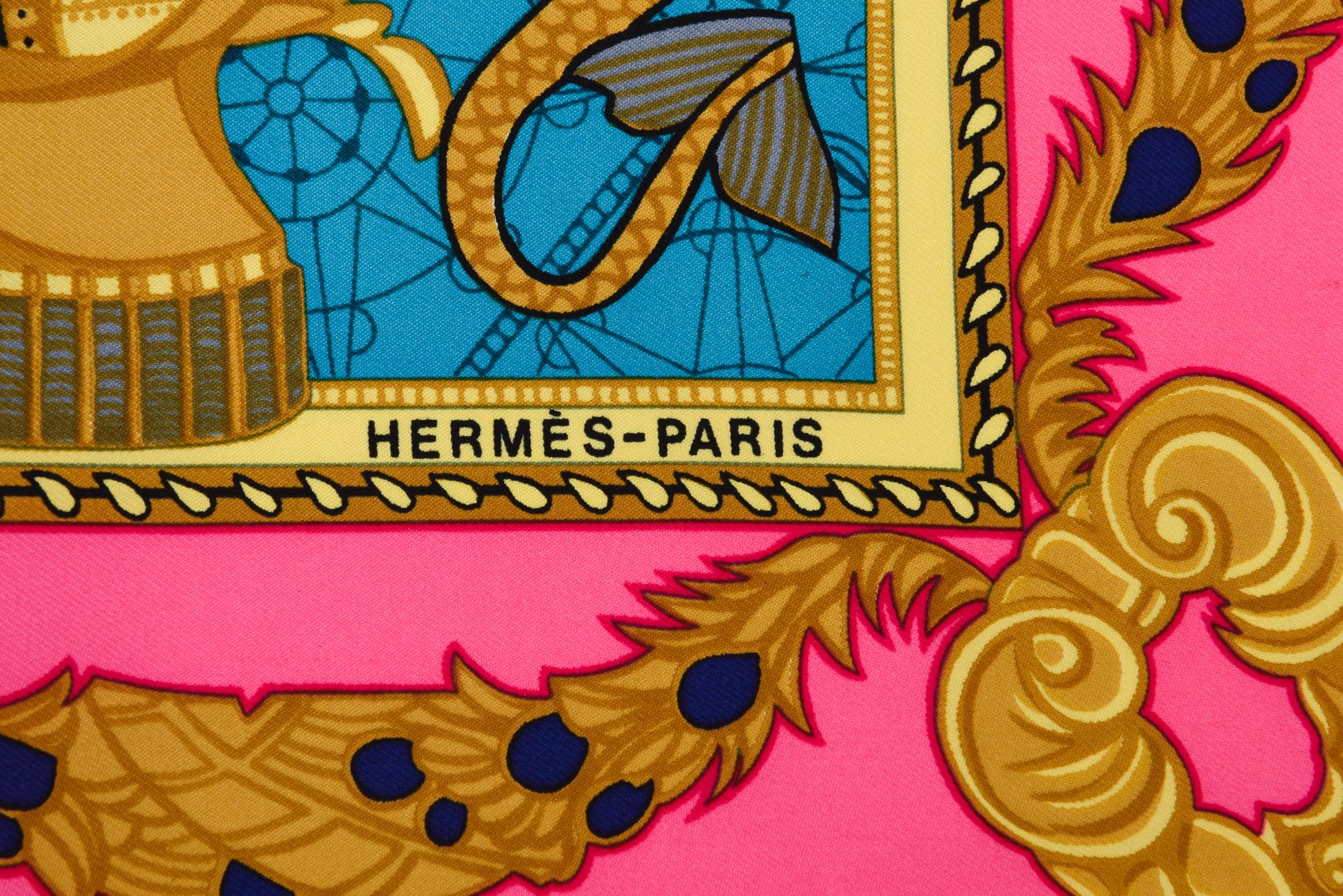 Vintage Hermes Seidenschal Les Bissone de Venice Hot Pink, Türkis, Schwarz, Gold im Angebot 5