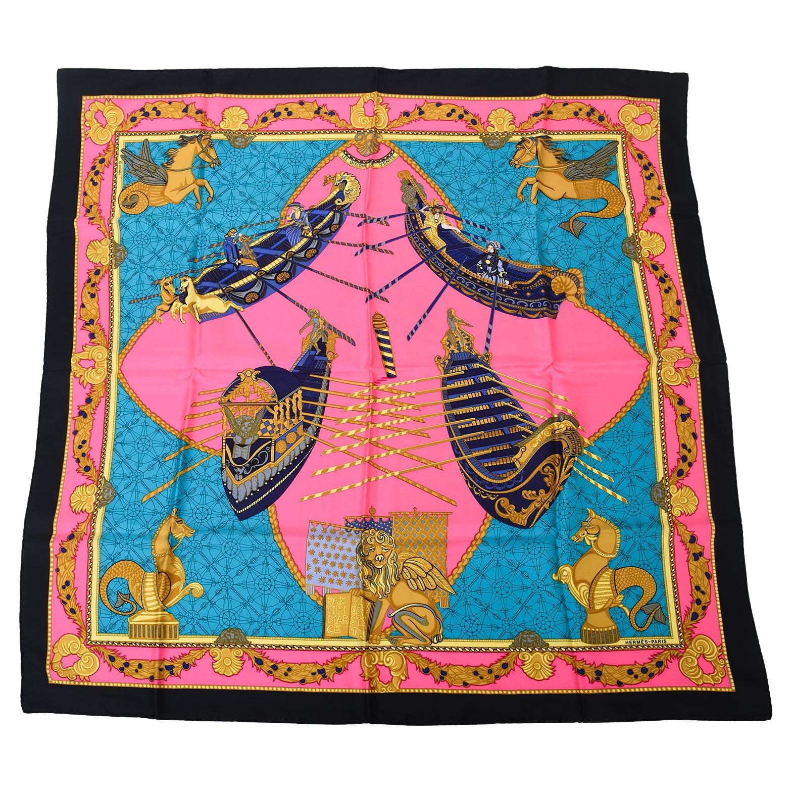 Vintage Hermes Sciarpa di seta Les Bissone de Venice Rosa caldo, turchese, nero, oro