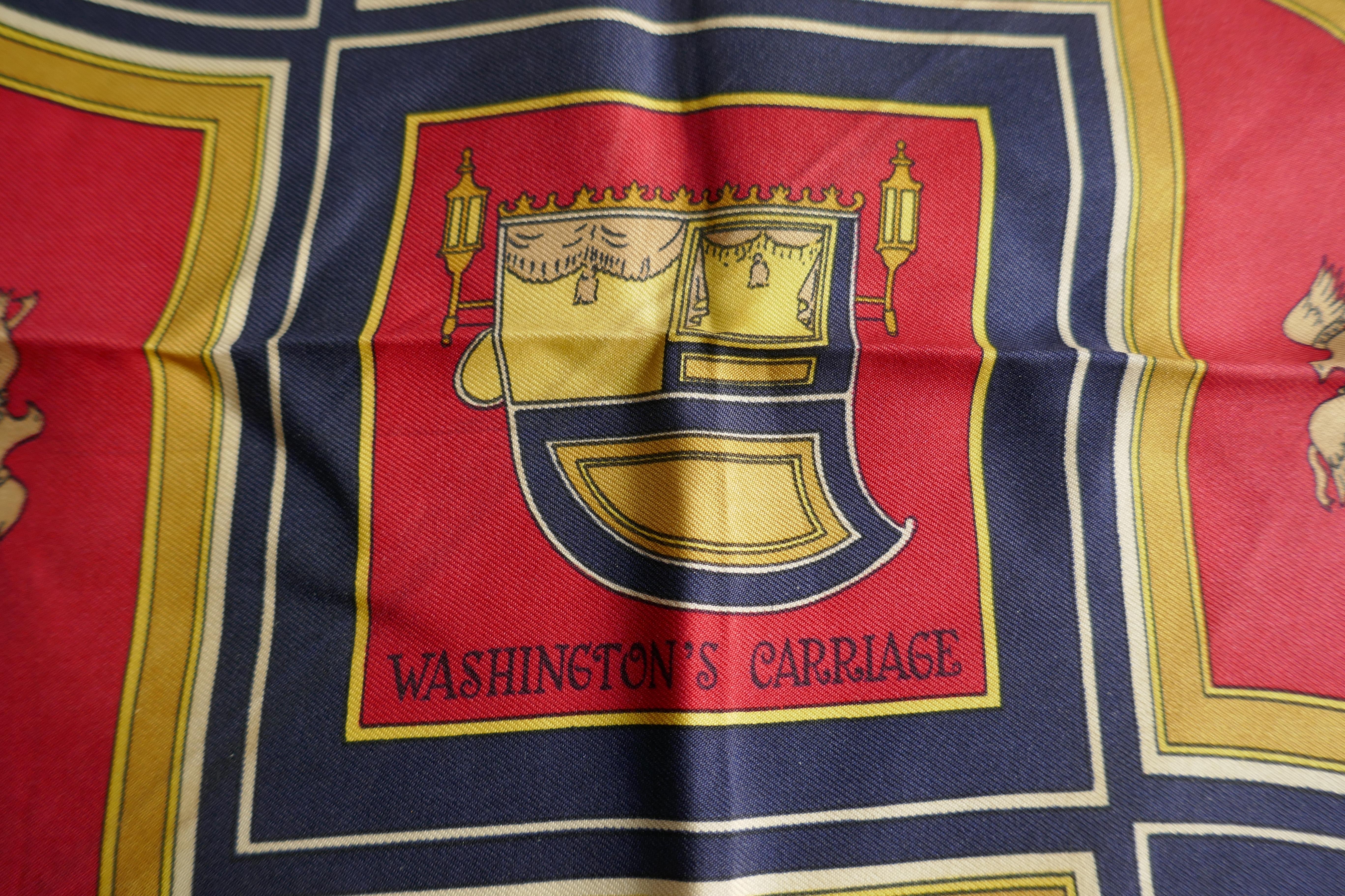 Brown Vintage Hermès Silk Scarf “Washington’s Carriage” design by Cathy Latham