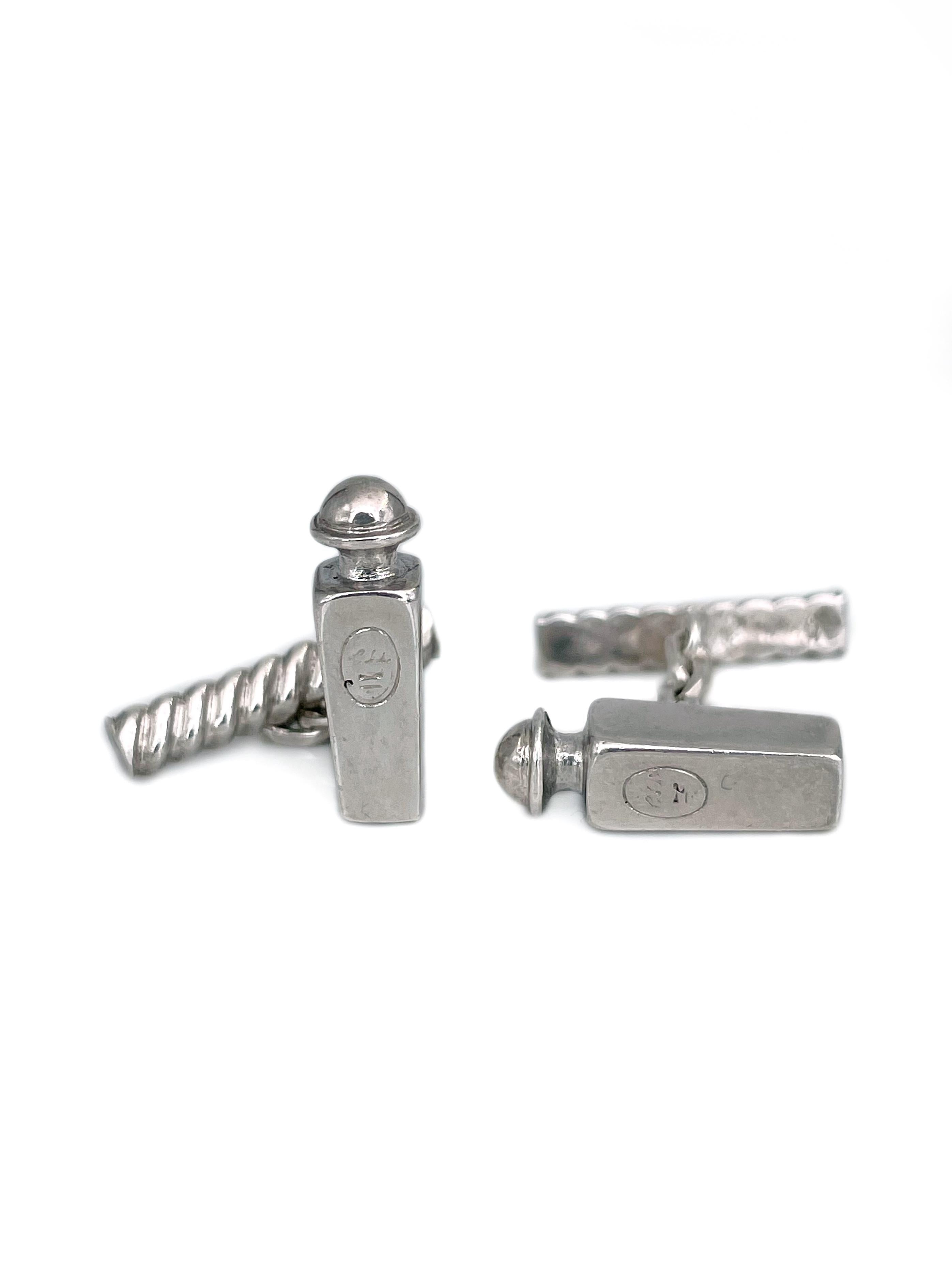 Vintage Hermès Silver “Caleche” Perfume Bottle Shape Chain Cufflinks In Good Condition For Sale In Vilnius, Vilniaus apskr.