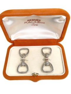 Boutons de manchette Vintage Hermès Silver Equestrian Theme Stirrup Shape Cufflinks
