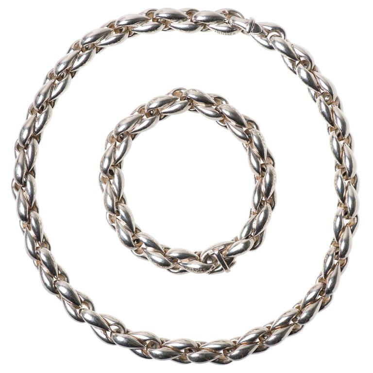 Vintage Hermes Silver Oval Link Necklace and Bracelet, French, circa 1960