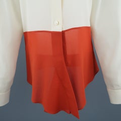 Vintage HERMES Size 8 Beige & Orange Color Block Silk Chiffon Blouse