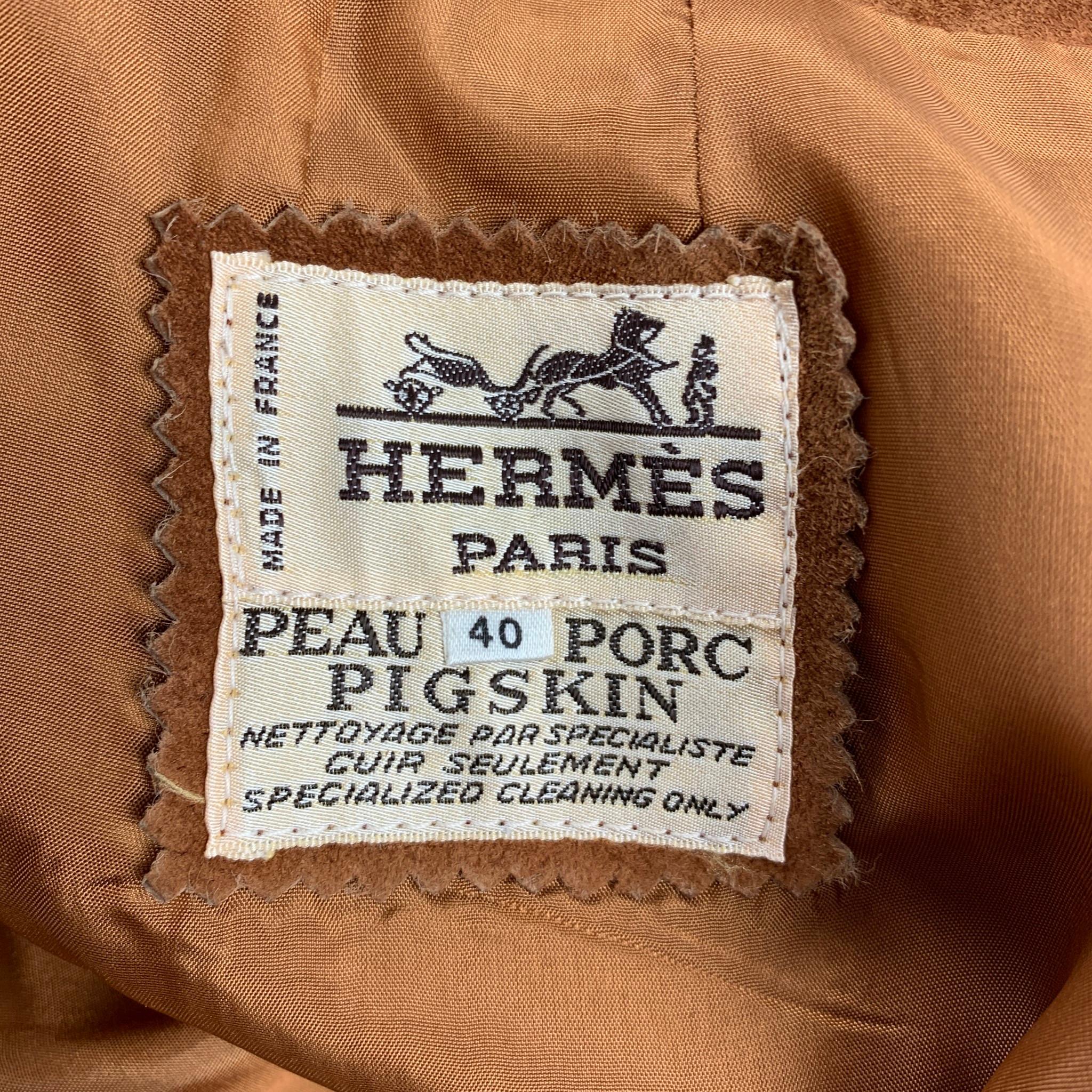 Brown Vintage HERMES Size 8 Tan Suede Pigskin Pleated Skirt