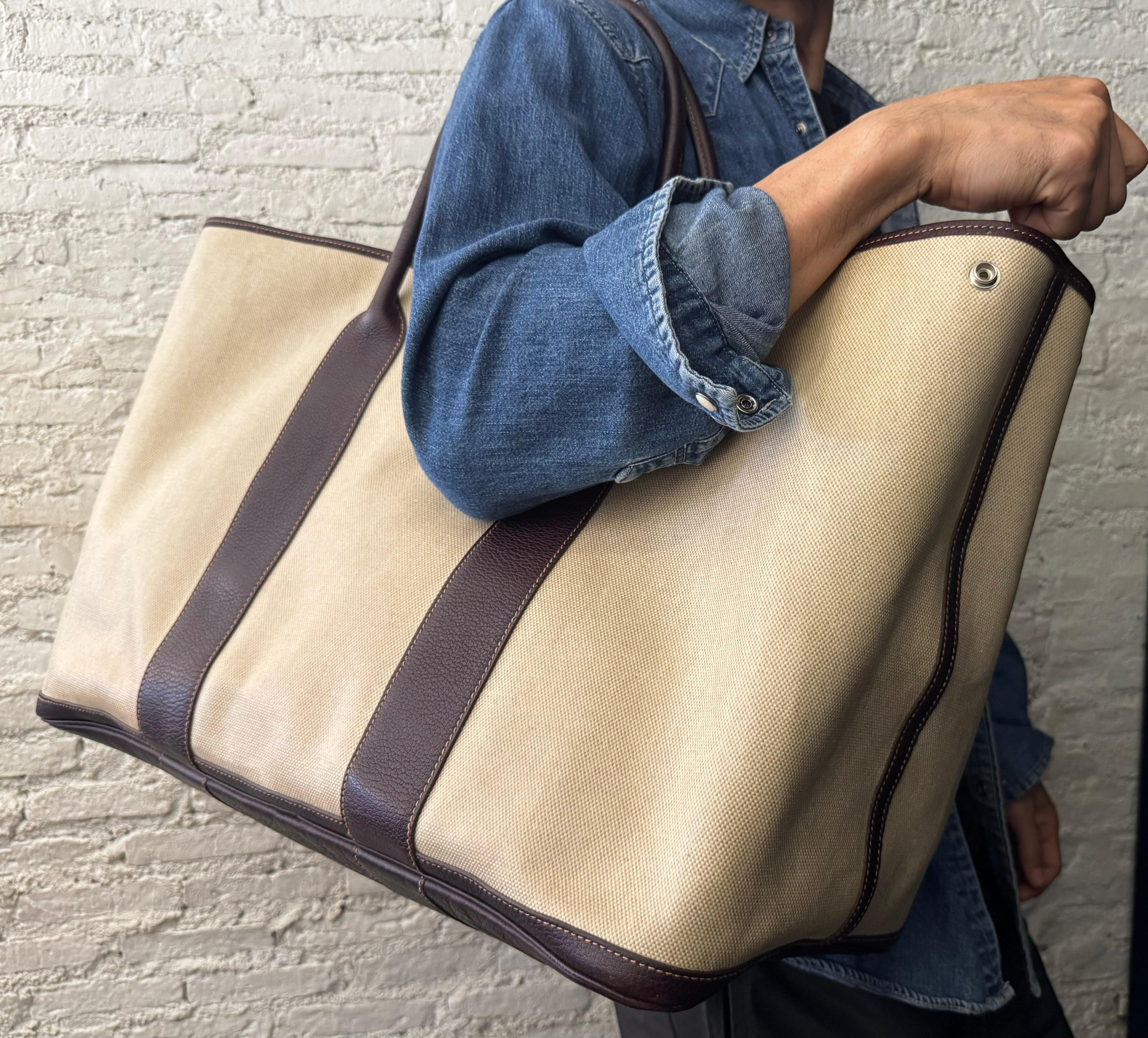Vintage HERMES Garden Party TGM Canvas Marron PHW Tote Bag 49 Voyage XL 6