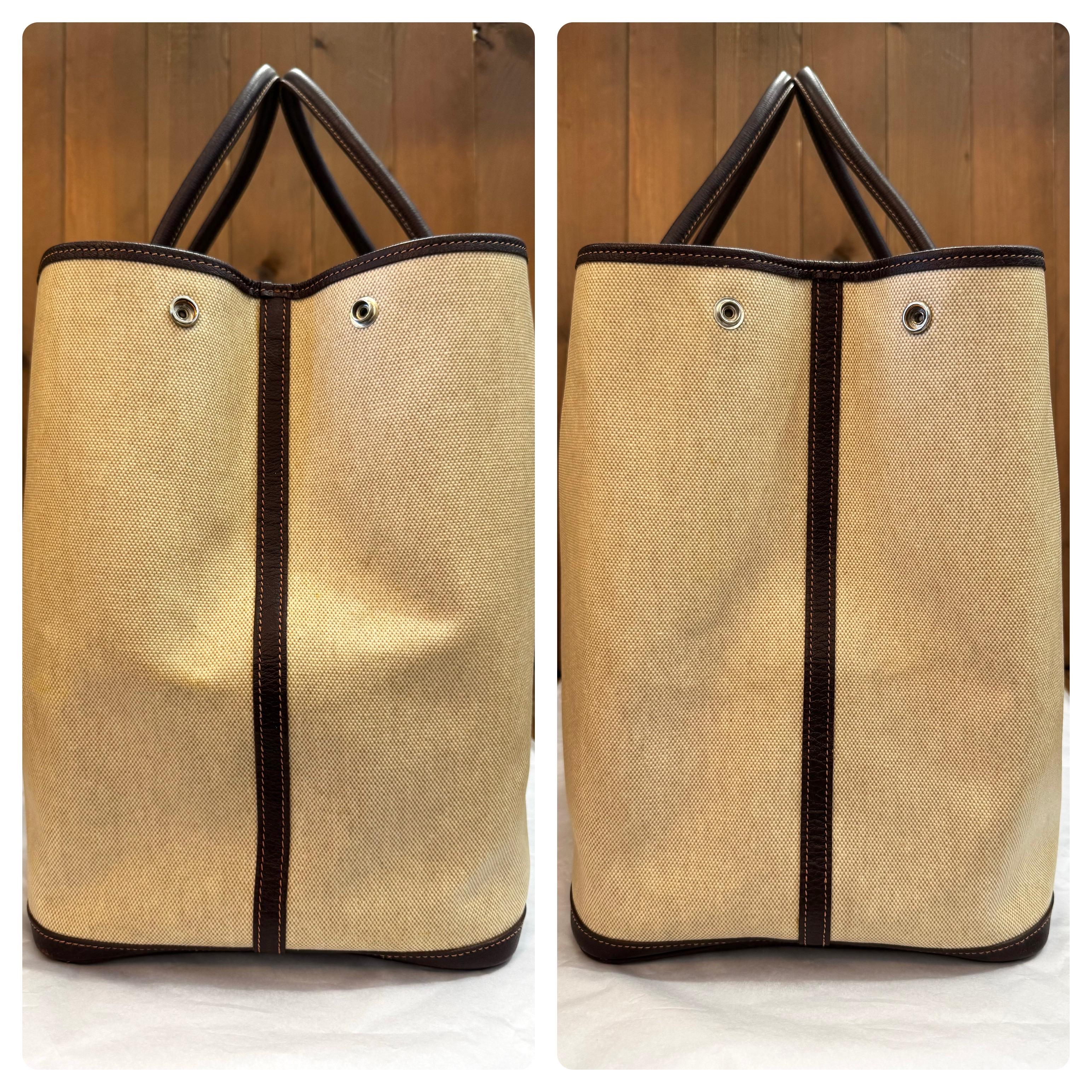 Beige Vintage HERMES Garden Party TGM Canvas Marron PHW Tote Bag 49 Voyage XL