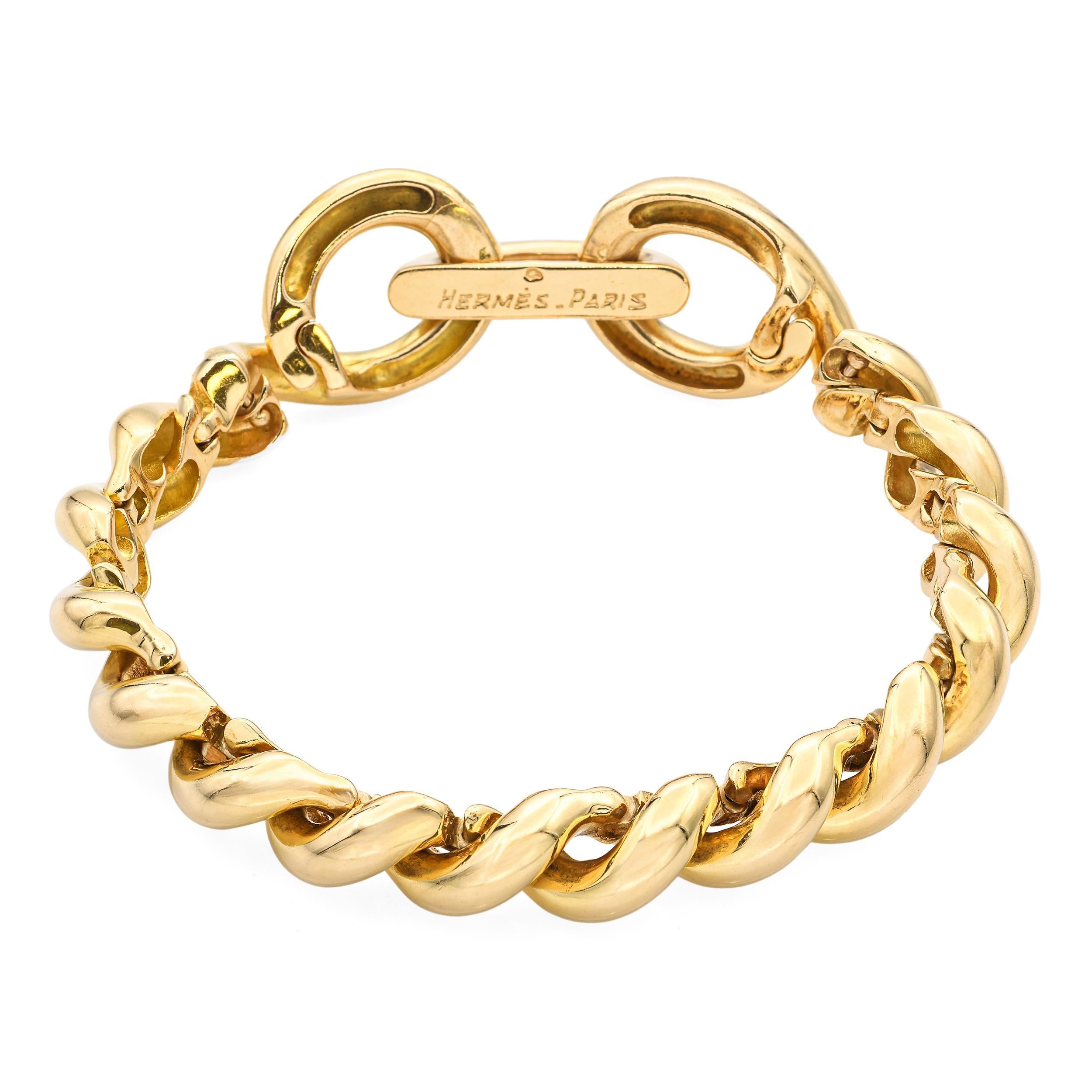 This exquisite vintage Hermès bracelet from the iconic Torsade collection is masterfully crafted in solid 18k yellow gold, showcasing the brand’s renowned elegance and exceptional craftsmanship. The twisted rope-inspired links create a bold yet