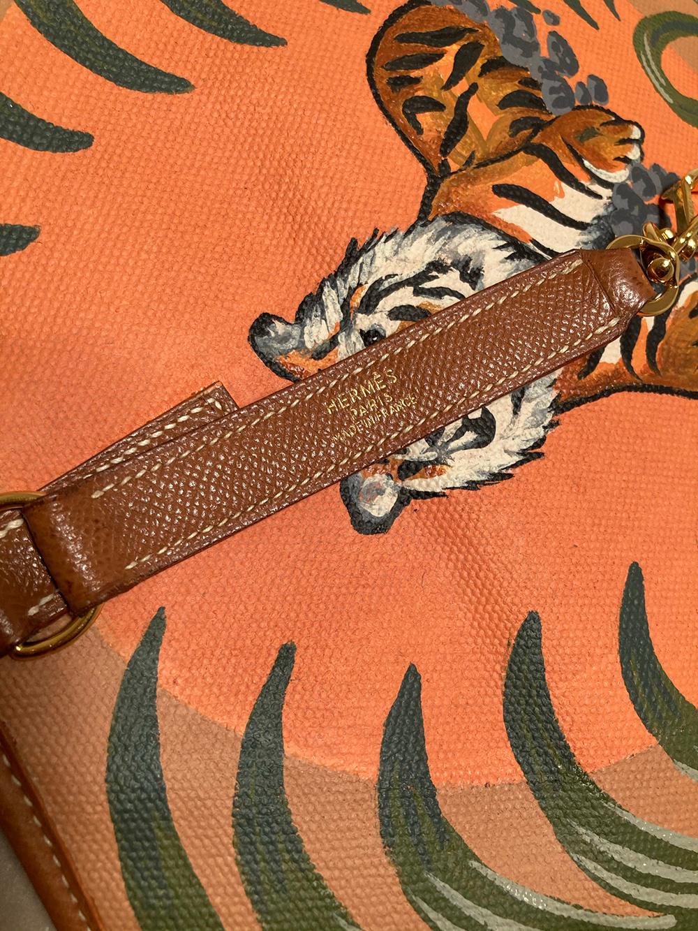 Brown Vintage Hermes Trim Bag with Hand Painted Tiger For Sale