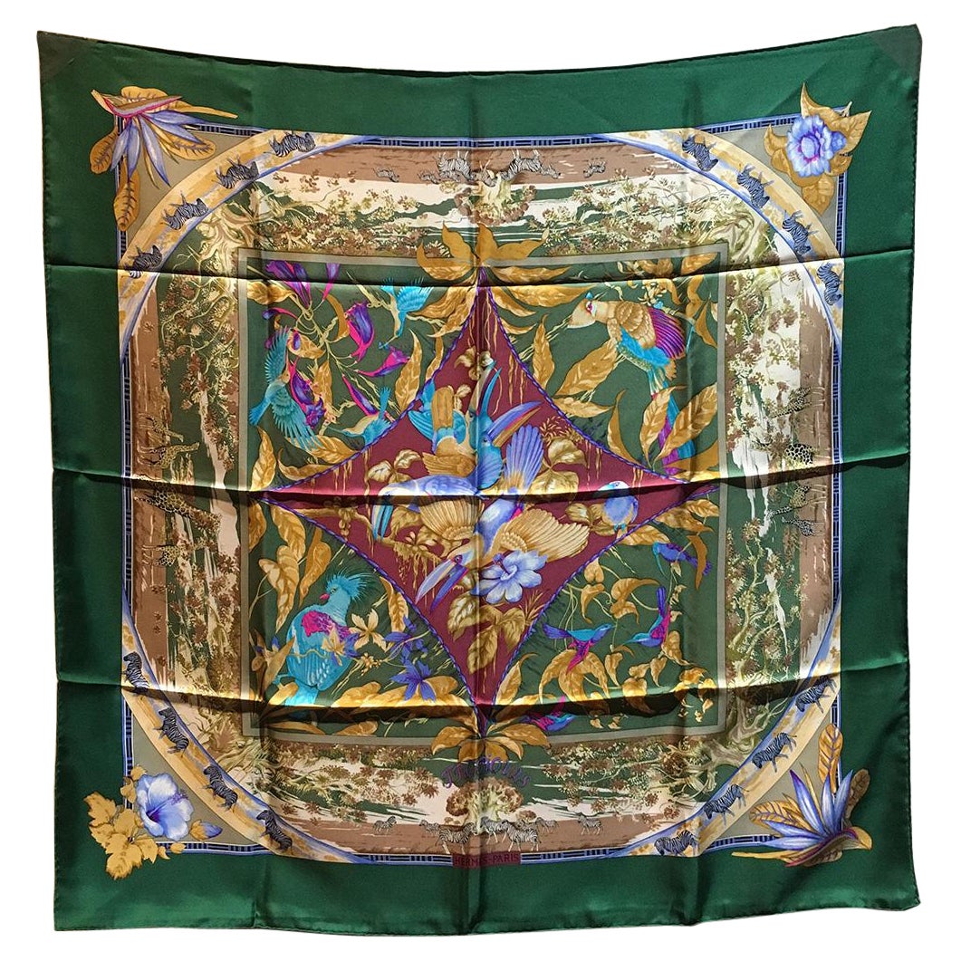 Vintage Hermes Tropiques Silk Scarf in Green c1980s