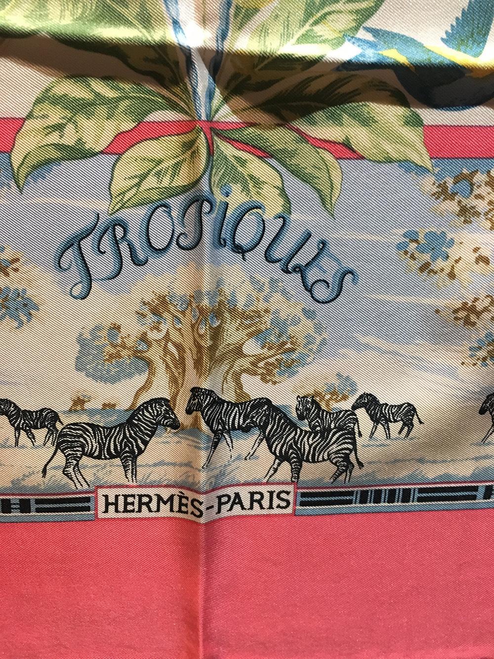 Brown Vintage Hermes Tropiques Silk Scarf in Pink c1980s
