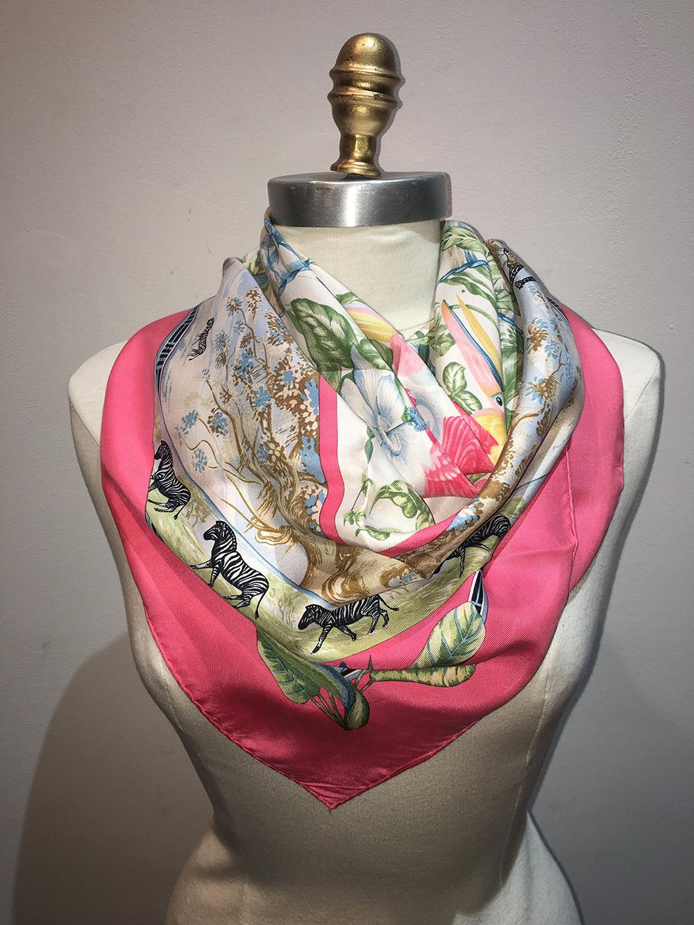 Vintage Hermes Tropiques Silk Scarf in Pink c1980s 2