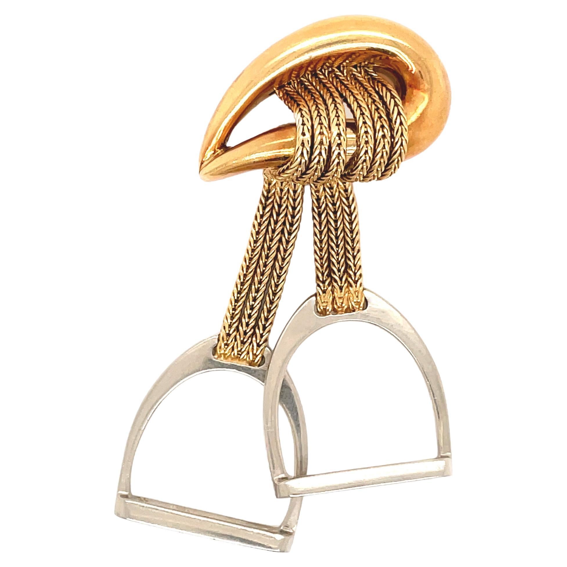 Vintage Hermes Two Tone 18 Carat Gold Equestrian Stirrup Brooch, French c.1960's For Sale