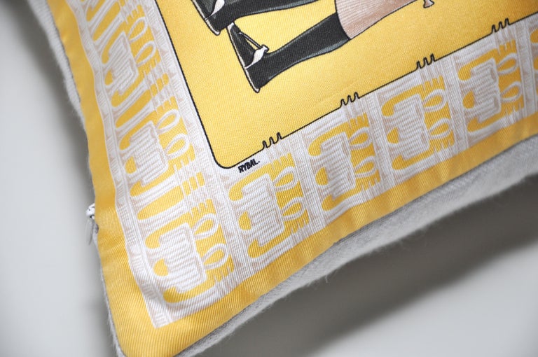 Vintage Hermes Yello Gold Black Silk Scarf and Irish Linen Cushion Pillow For Sale at 1stdibs
