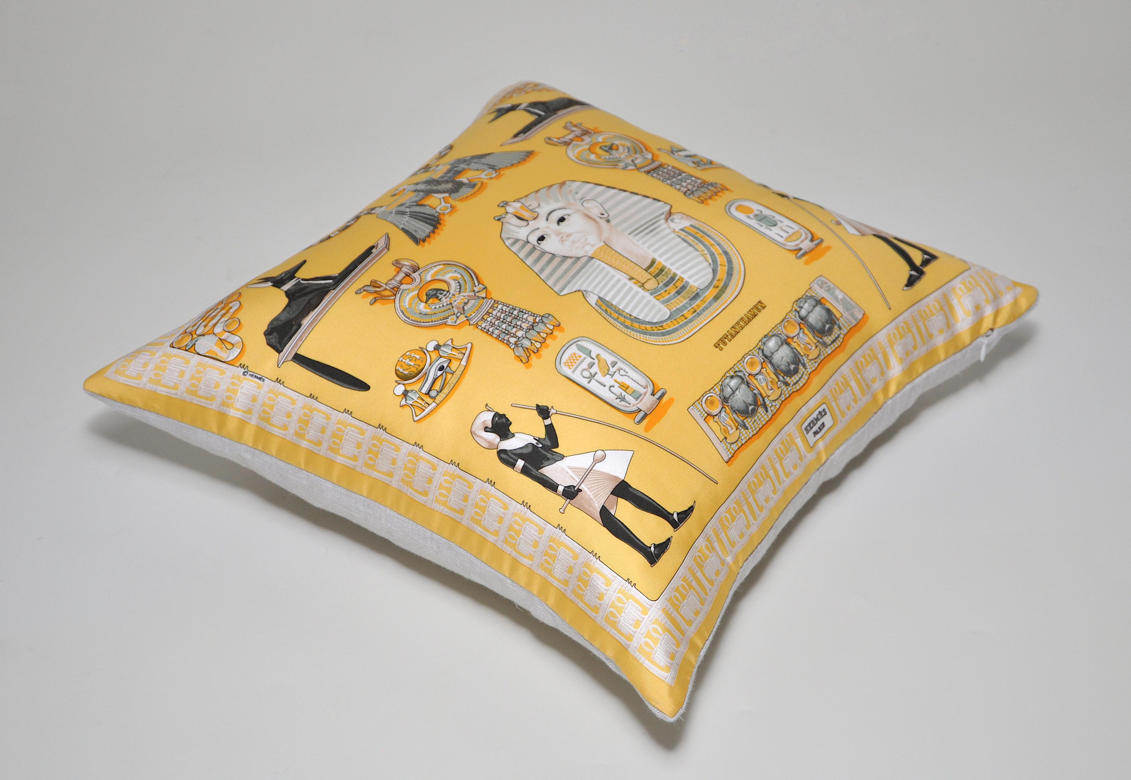 Vintage Hermes Yello Gold Black Silk Scarf and Irish Linen Cushion Pillow 2