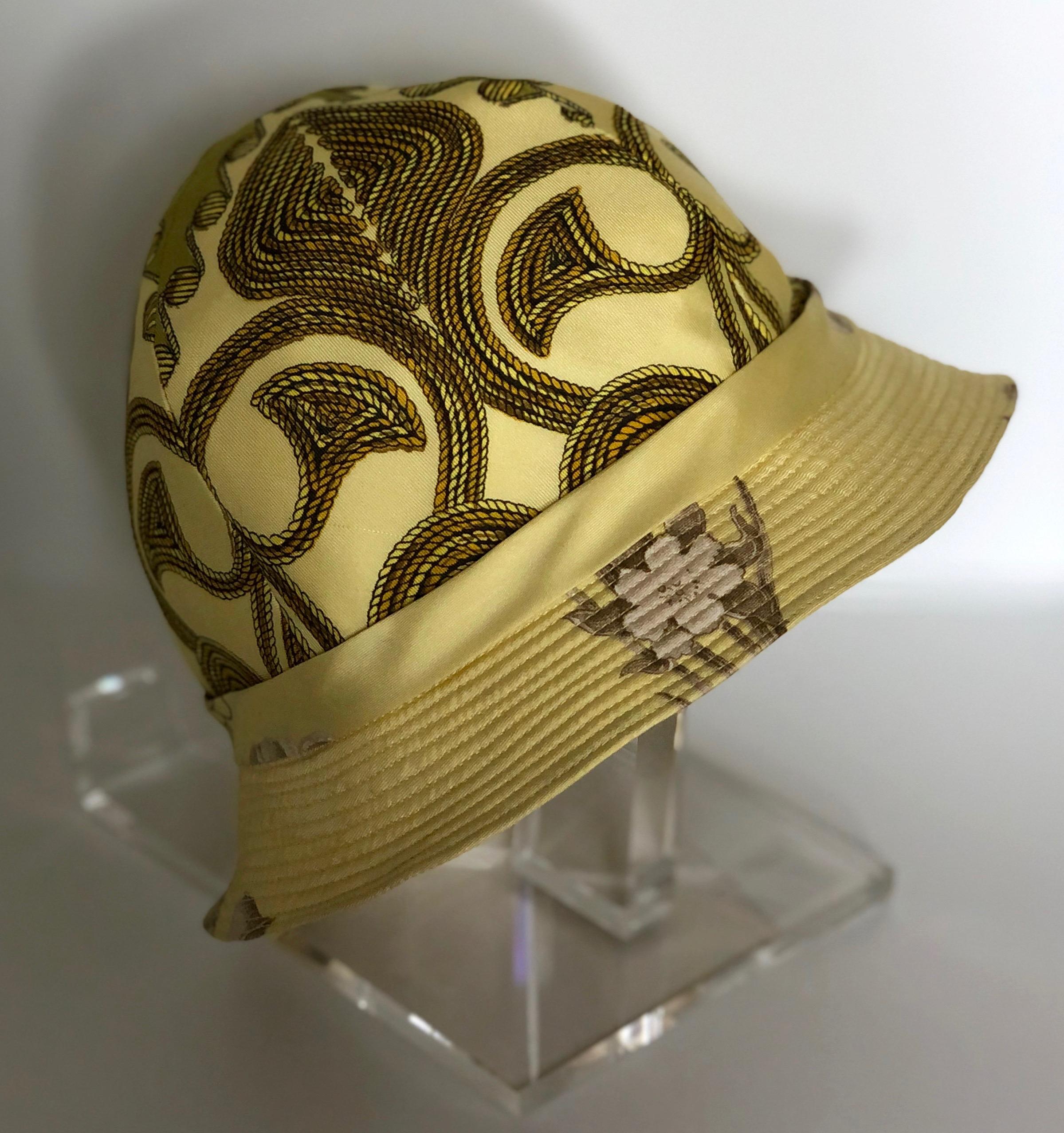 Vintage Hermes Yellow, Gold & Ivory Silk Cloche / Bucket Hat w/ Bow For Sale 3
