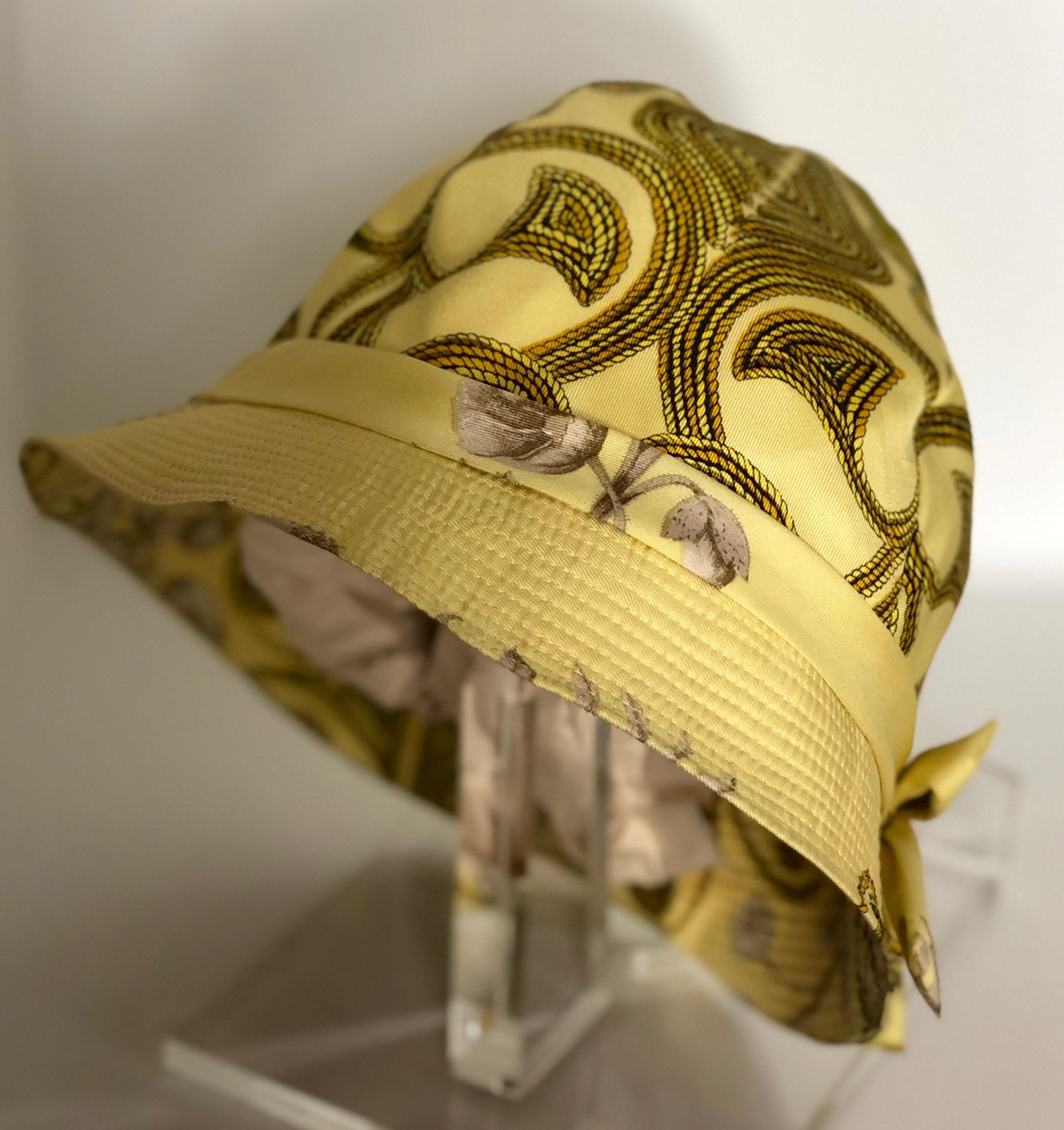 Vintage Hermes Yellow, Gold & Ivory Silk Cloche / Bucket Hat w/ Bow For Sale 4