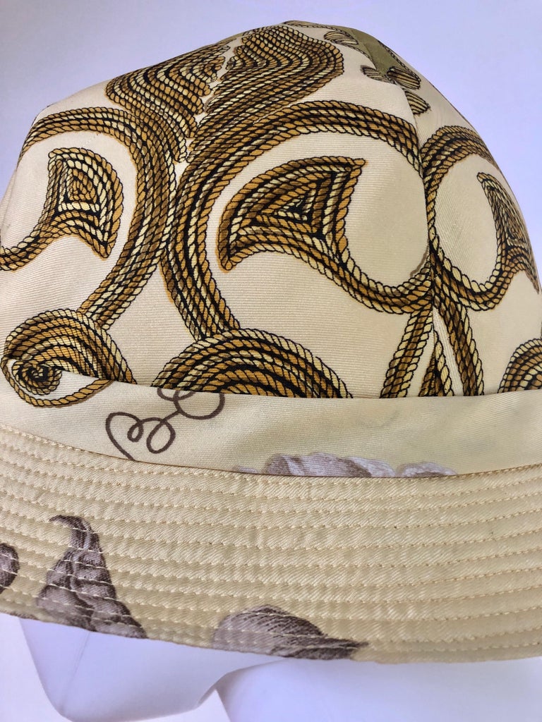 Women's Vintage Hermes Yellow, Gold & Ivory Silk Cloche / Bucket Hat w/ Bow For Sale