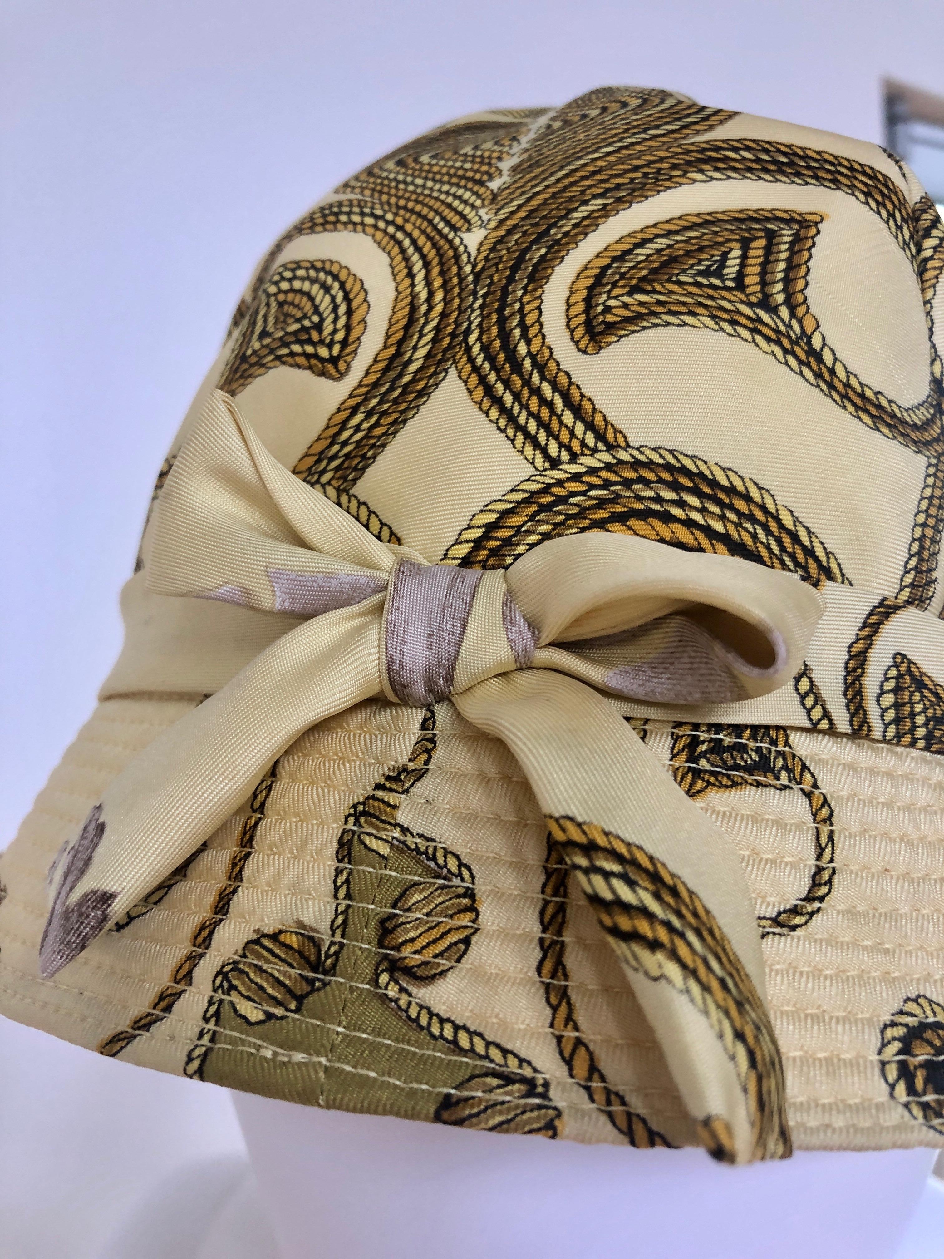 Vintage Hermes Yellow, Gold & Ivory Silk Cloche / Bucket Hat w/ Bow In Good Condition For Sale In Houston, TX