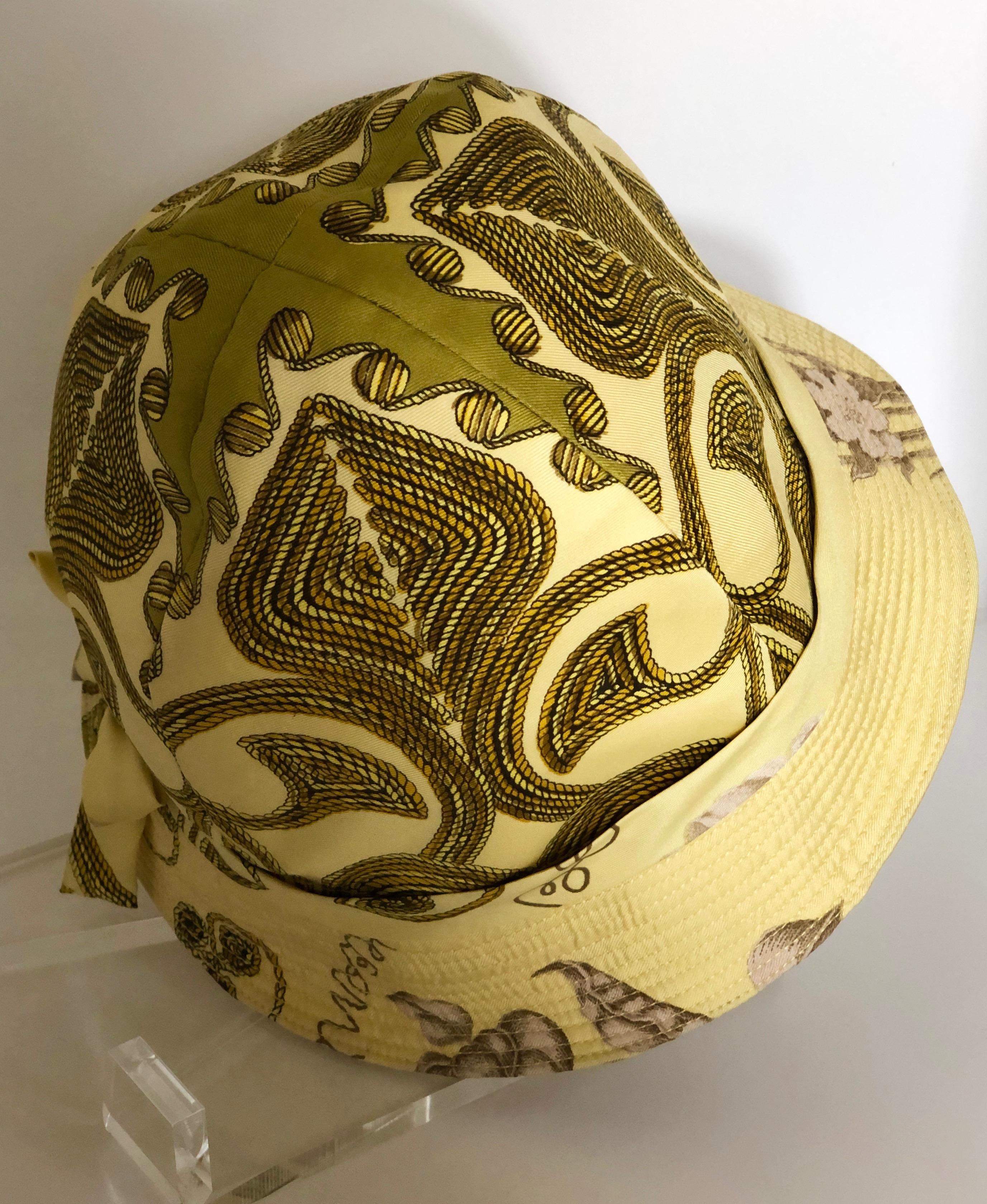 Vintage Hermes Yellow, Gold & Ivory Silk Cloche / Bucket Hat w/ Bow For Sale 1