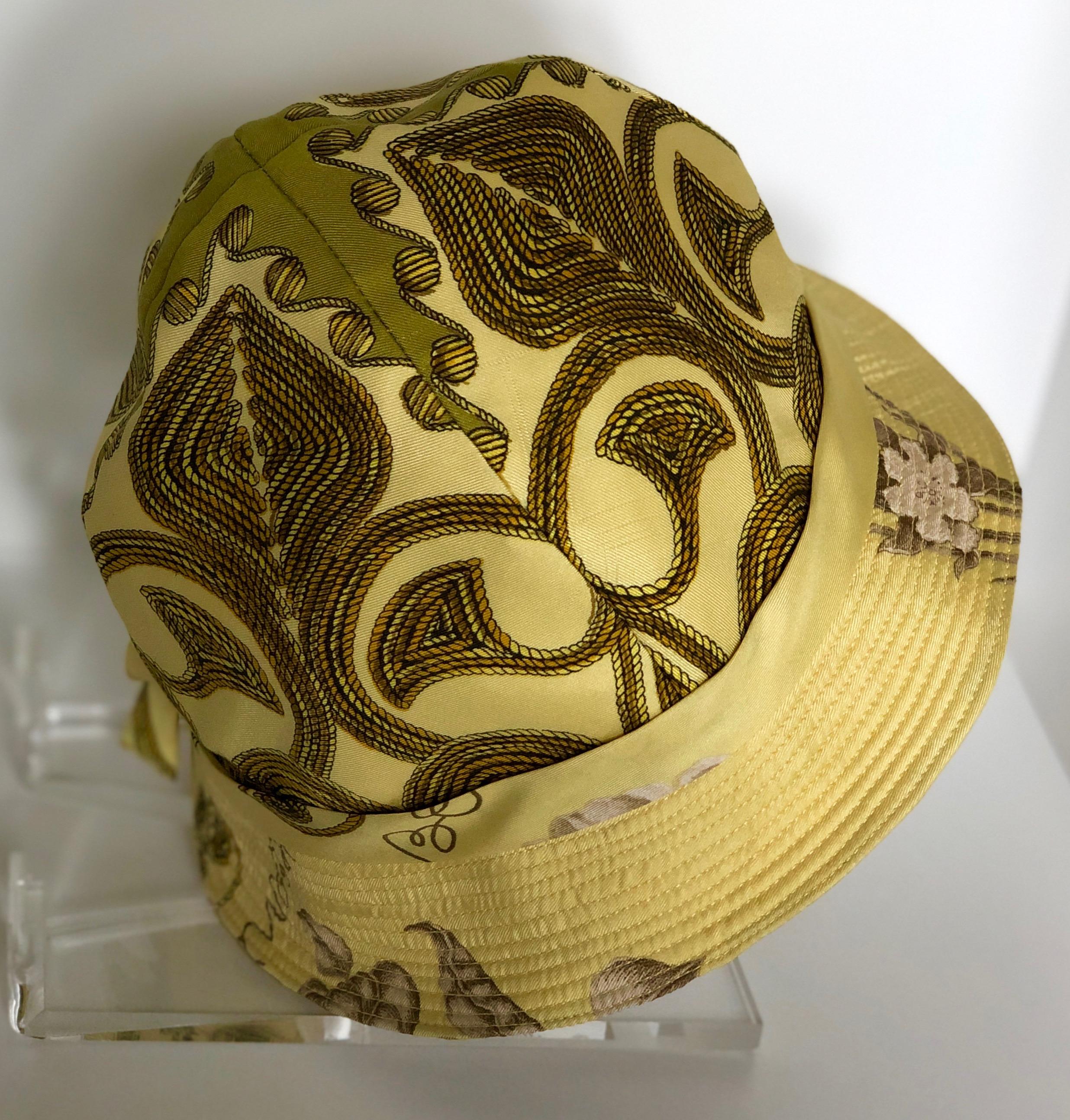 Vintage Hermes Yellow, Gold & Ivory Silk Cloche / Bucket Hat w/ Bow For Sale 2