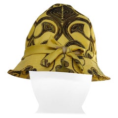 Vintage Hermes Yellow, Gold & Ivory Silk Cloche / Bucket Hat w/ Bow