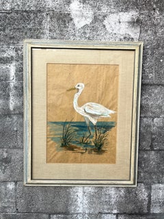 Vintage Heron Watercolor Painting Framed and Signed by The Artist. Circa 1970s