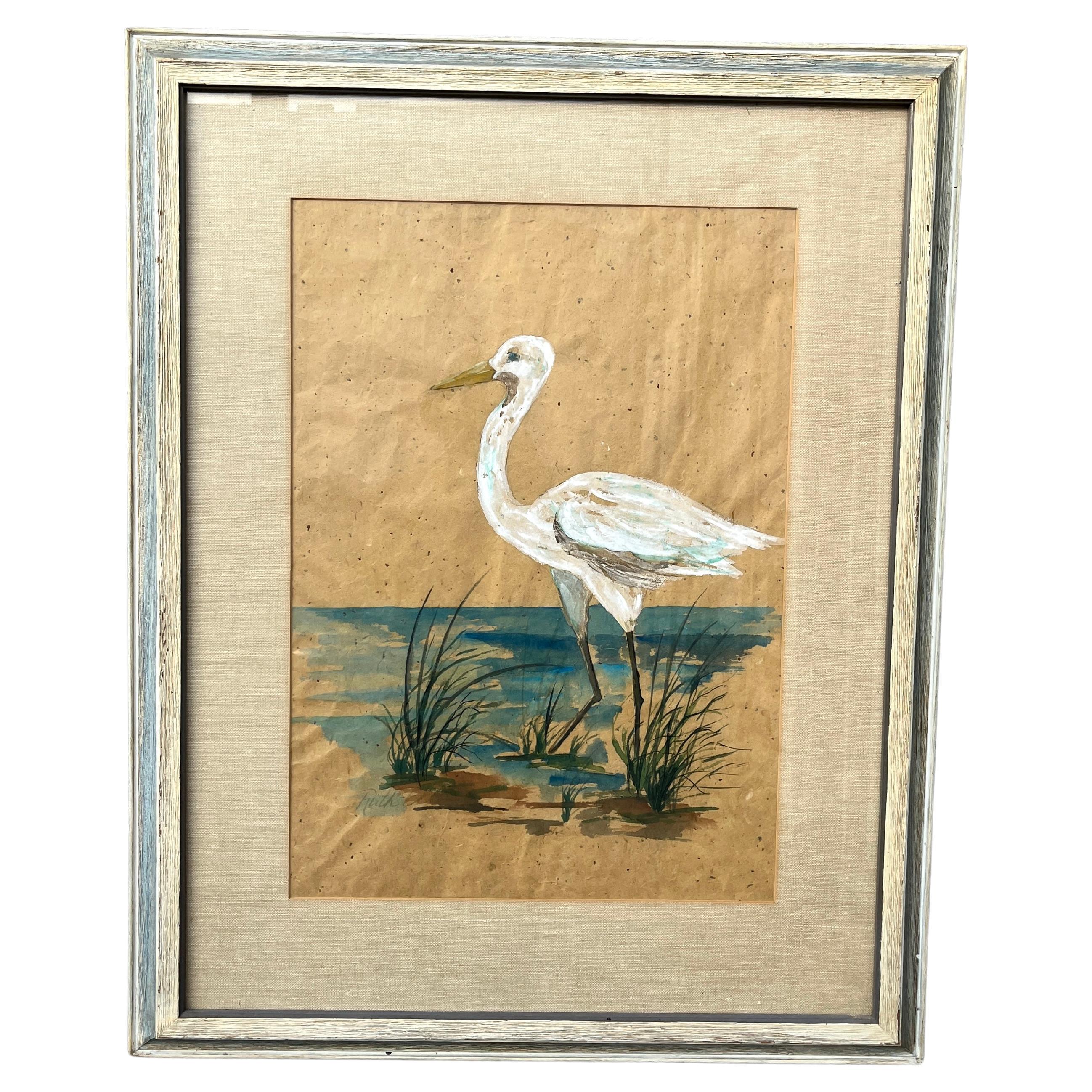 Vintage Heron Watercolor Painting Framed and Signed by The Artist. Circa 1970s