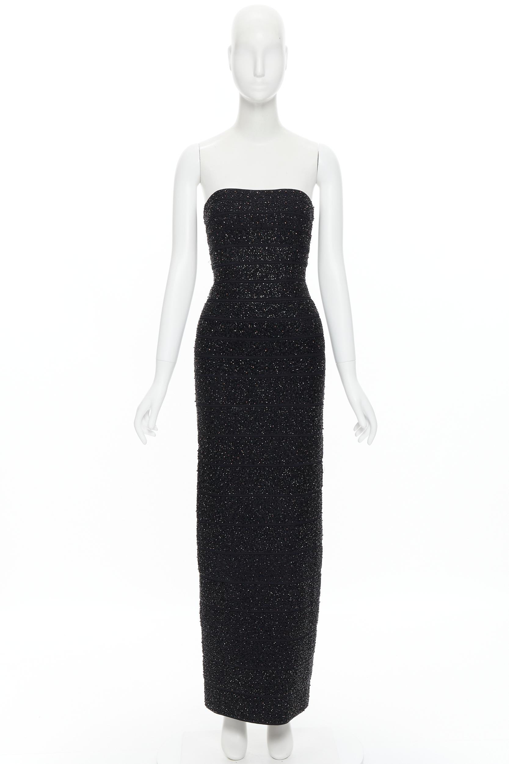 vintage HERVE LEGER black bead pearl embellished strapless bandage gown dress M 2