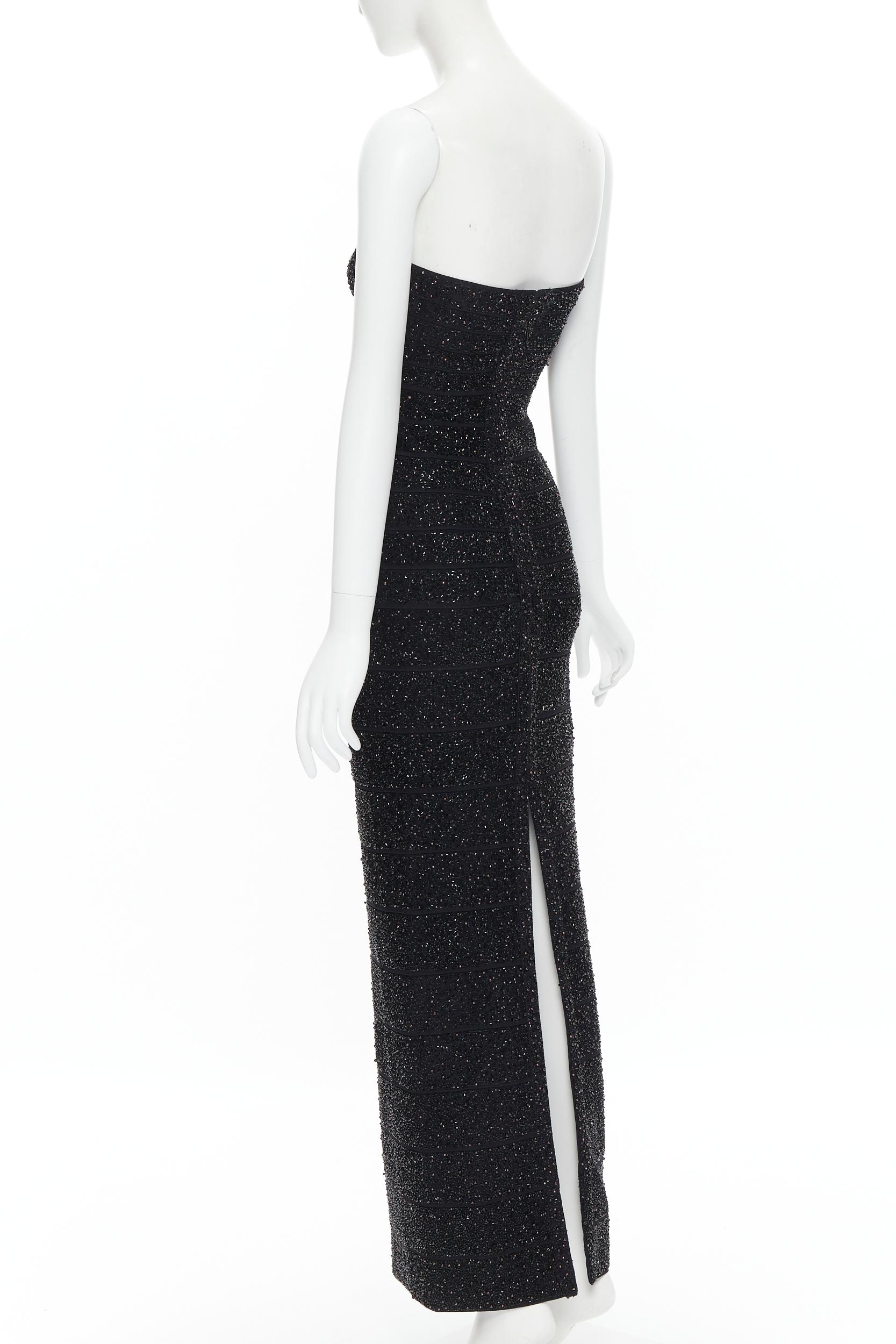 Black vintage HERVE LEGER black bead pearl embellished strapless bandage gown dress M