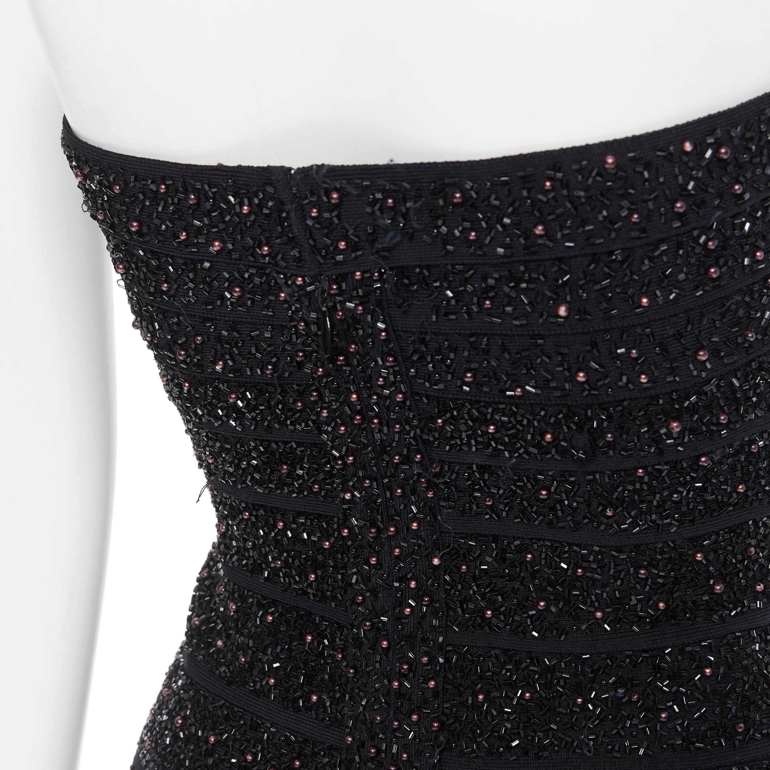 Women's vintage HERVE LEGER black bead pearl embellished strapless bandage gown dress M