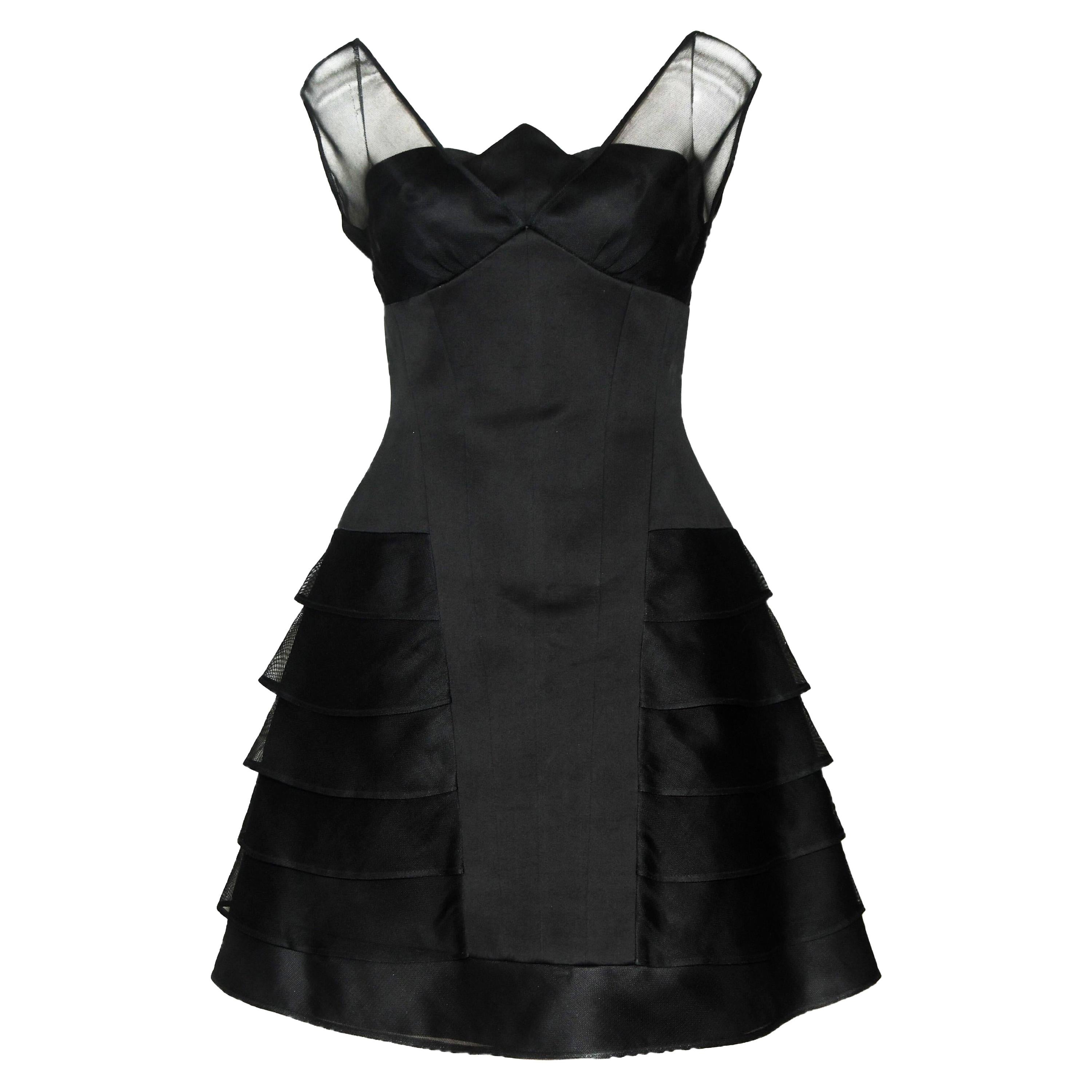 Vintage Herve Leger Paris Black Flared Skirt Tulle/Mesh Dress Size 14 US For Sale