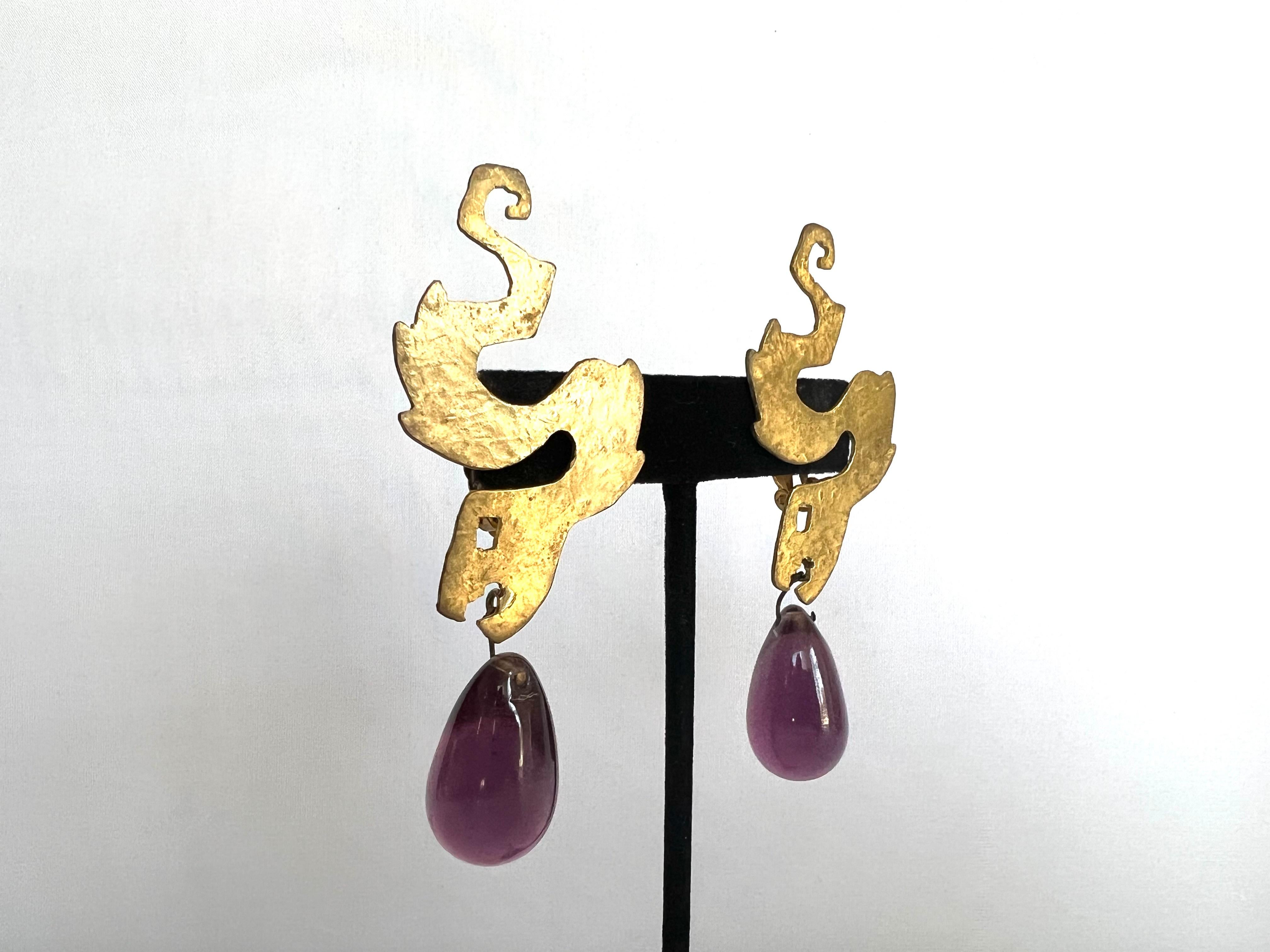 Vintage Herve Van der Straeten Artisan Snake Purple Glass Drop Earrings  In Good Condition In Palm Springs, CA