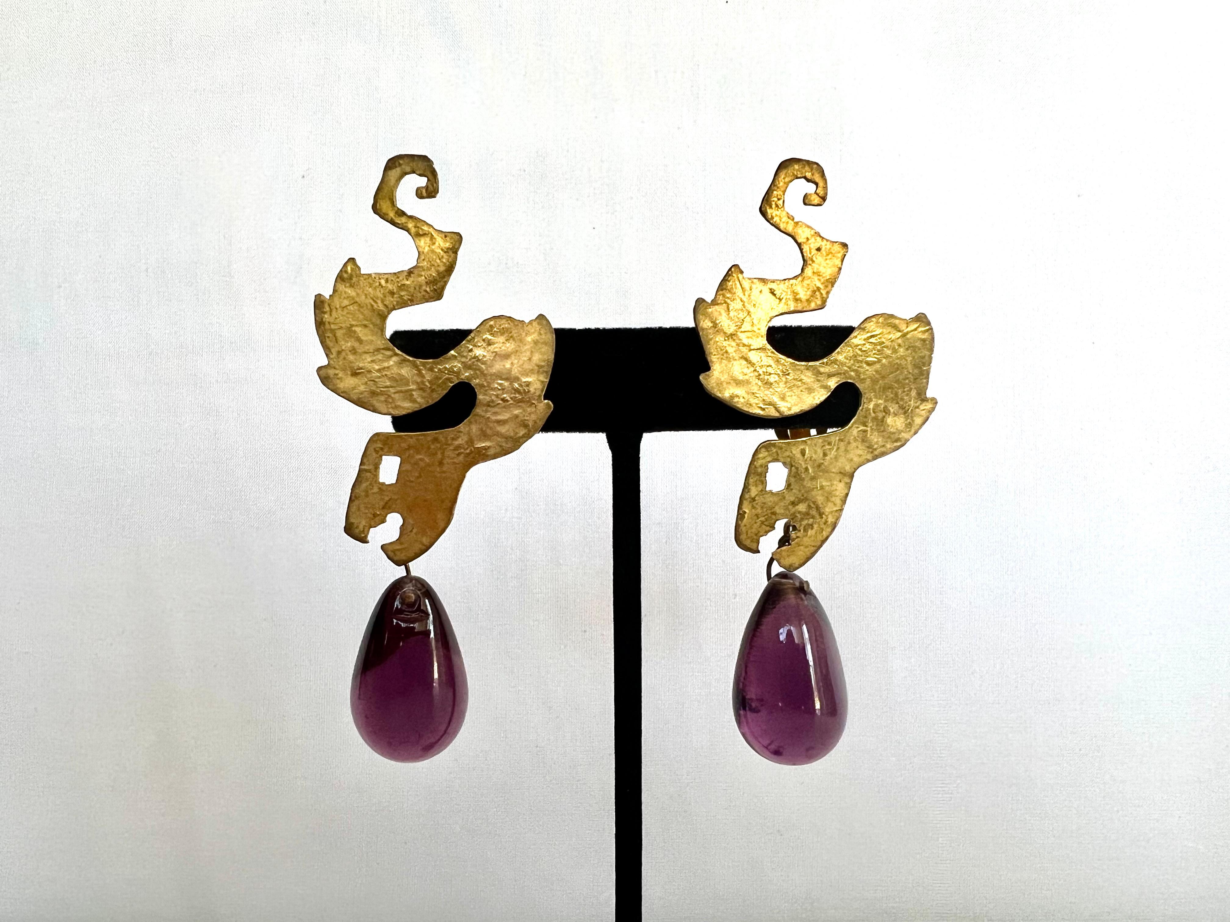 Women's Vintage Herve Van der Straeten Artisan Snake Purple Glass Drop Earrings 