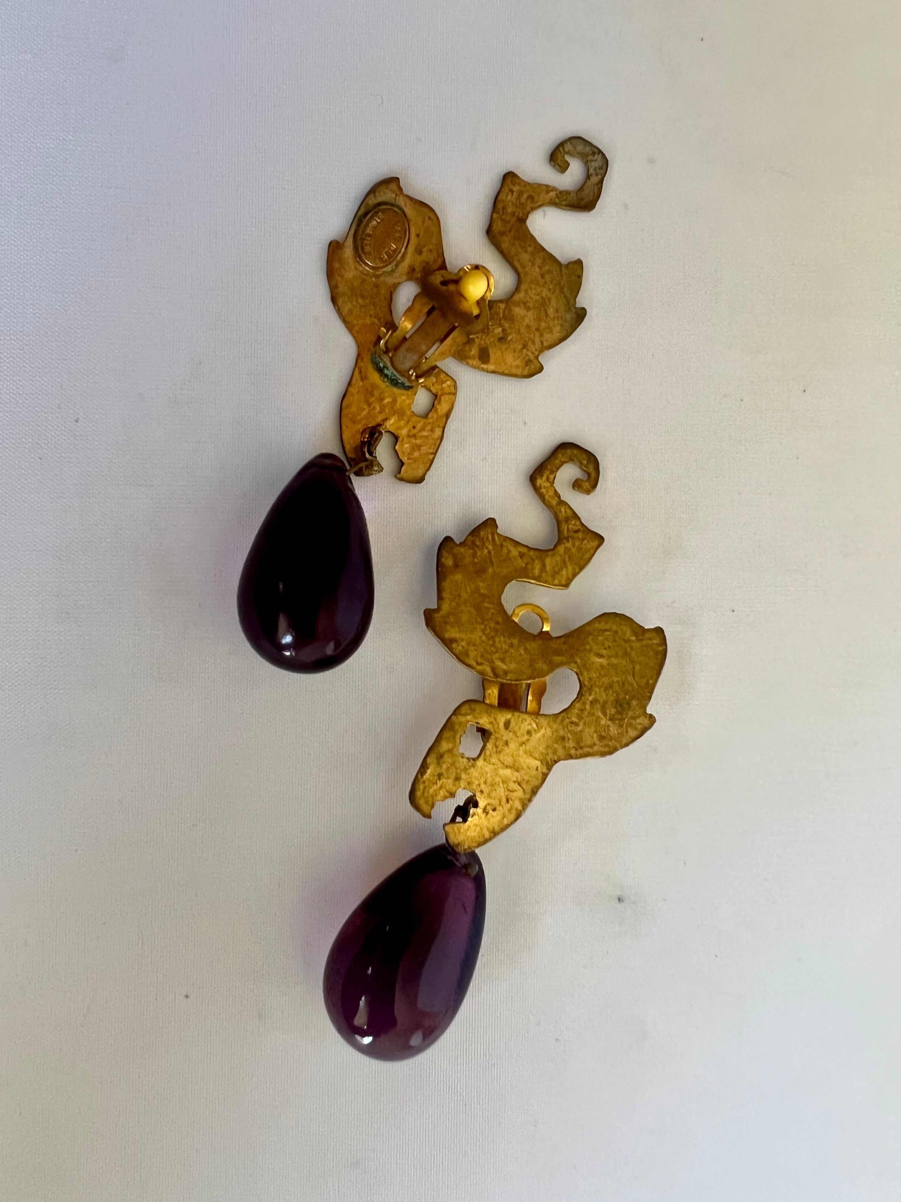 Vintage Herve Van der Straeten Artisan Snake Purple Glass Drop Earrings  3