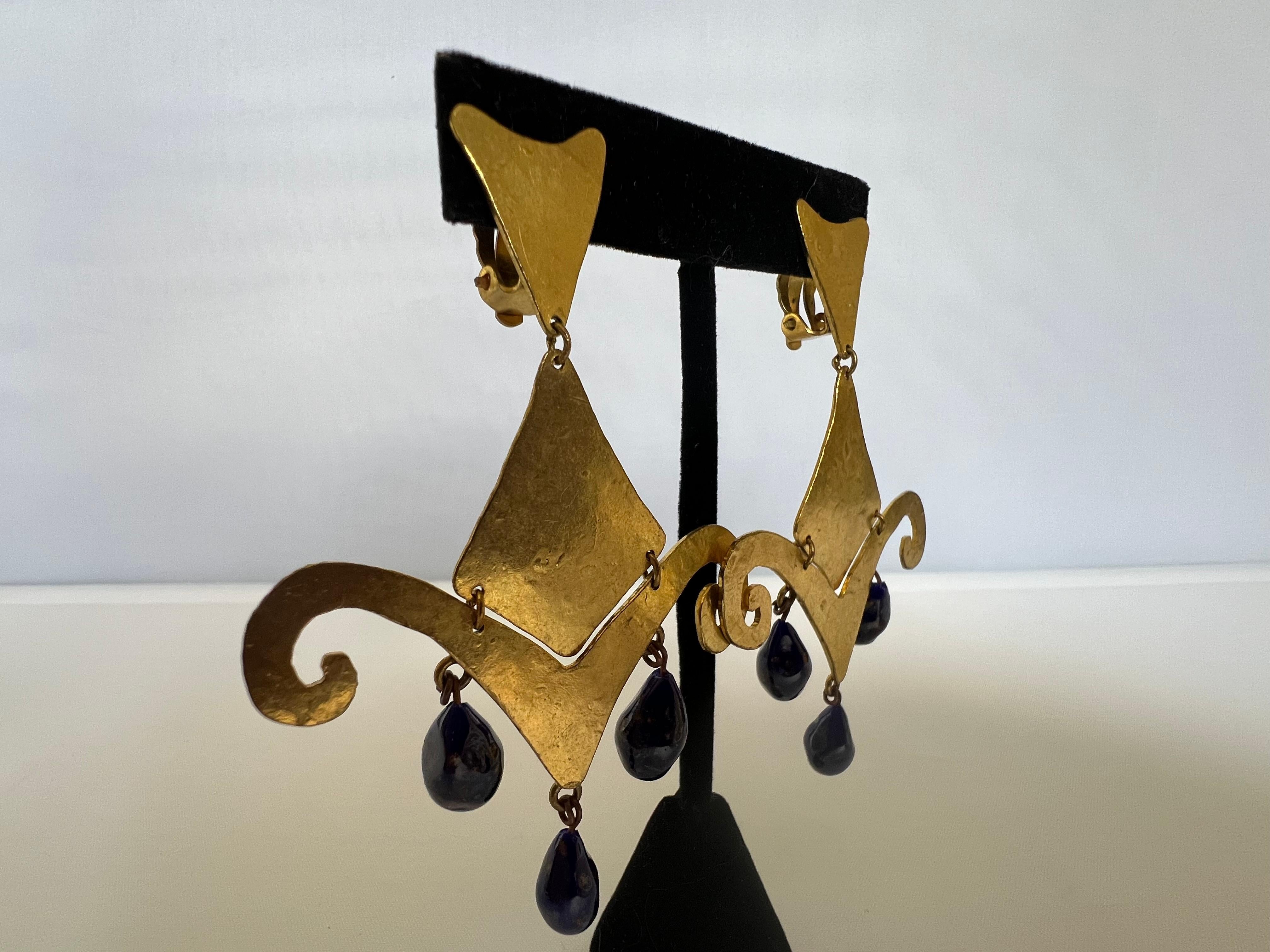 Artisan Vintage Herve Van Der Straeten Gilt Blue Drop Earrings For Sale