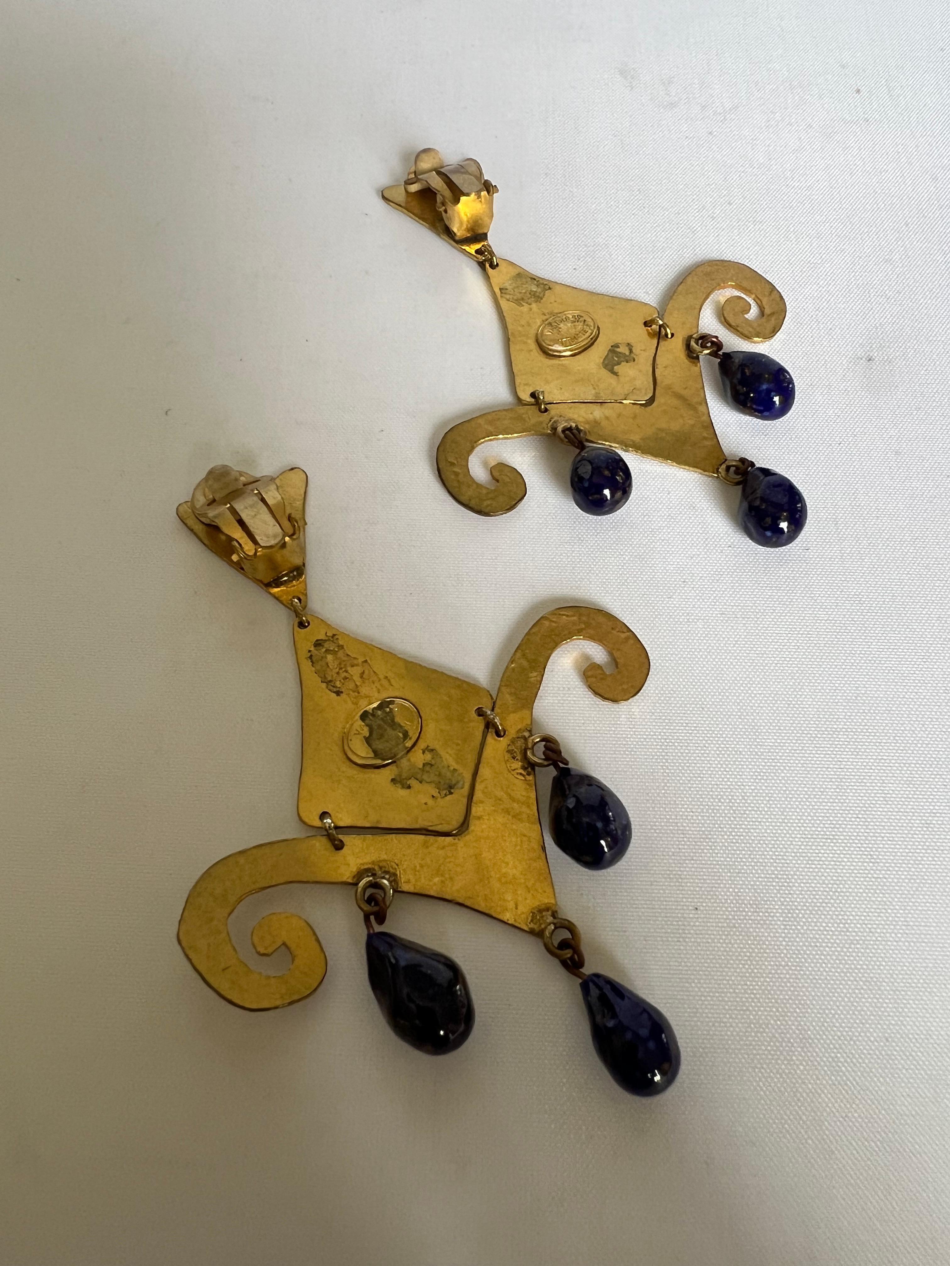 Women's Vintage Herve Van Der Straeten Gilt Blue Drop Earrings For Sale