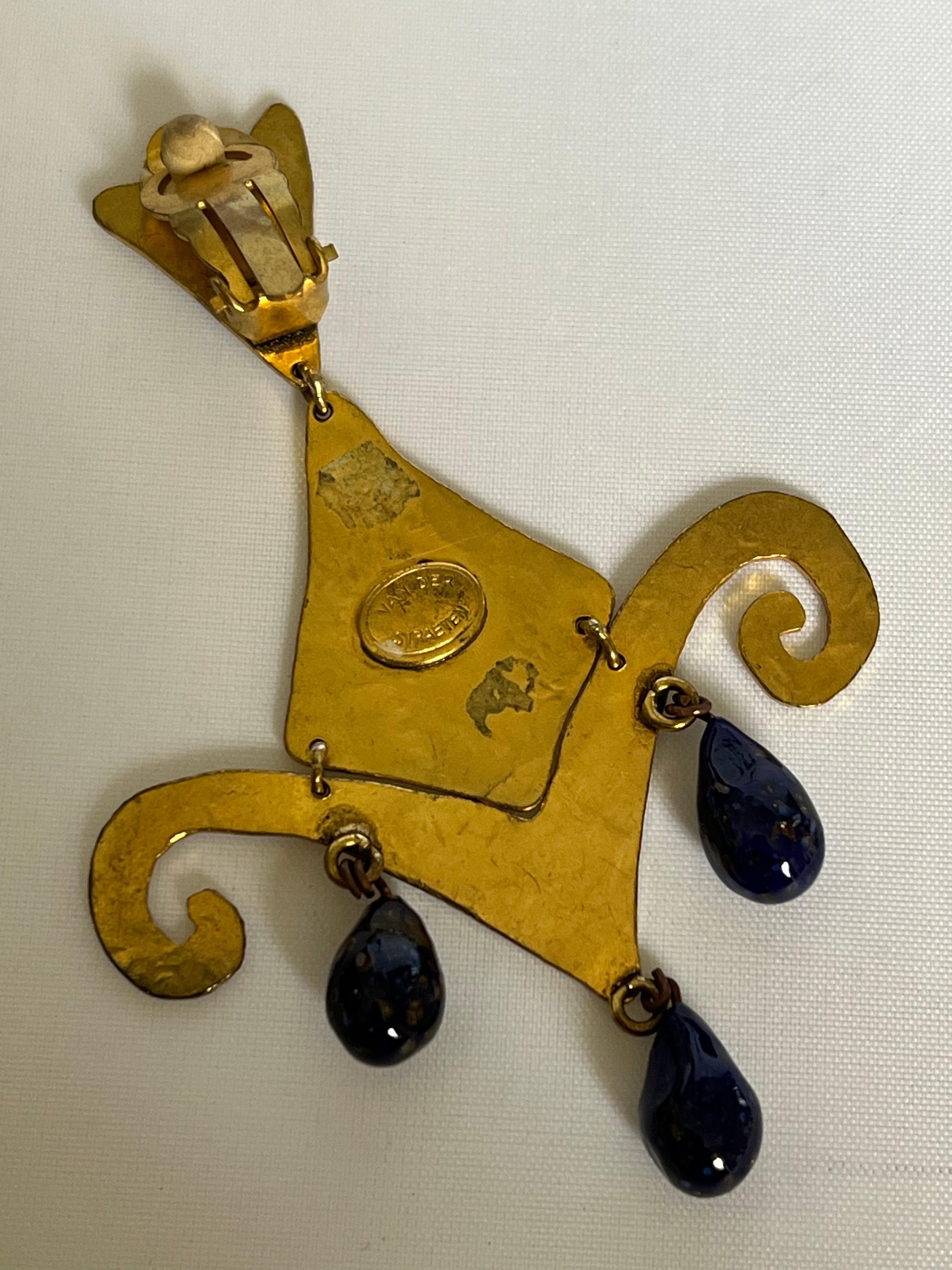 Vintage Herve Van Der Straeten Gilt Blue Drop Earrings For Sale 1