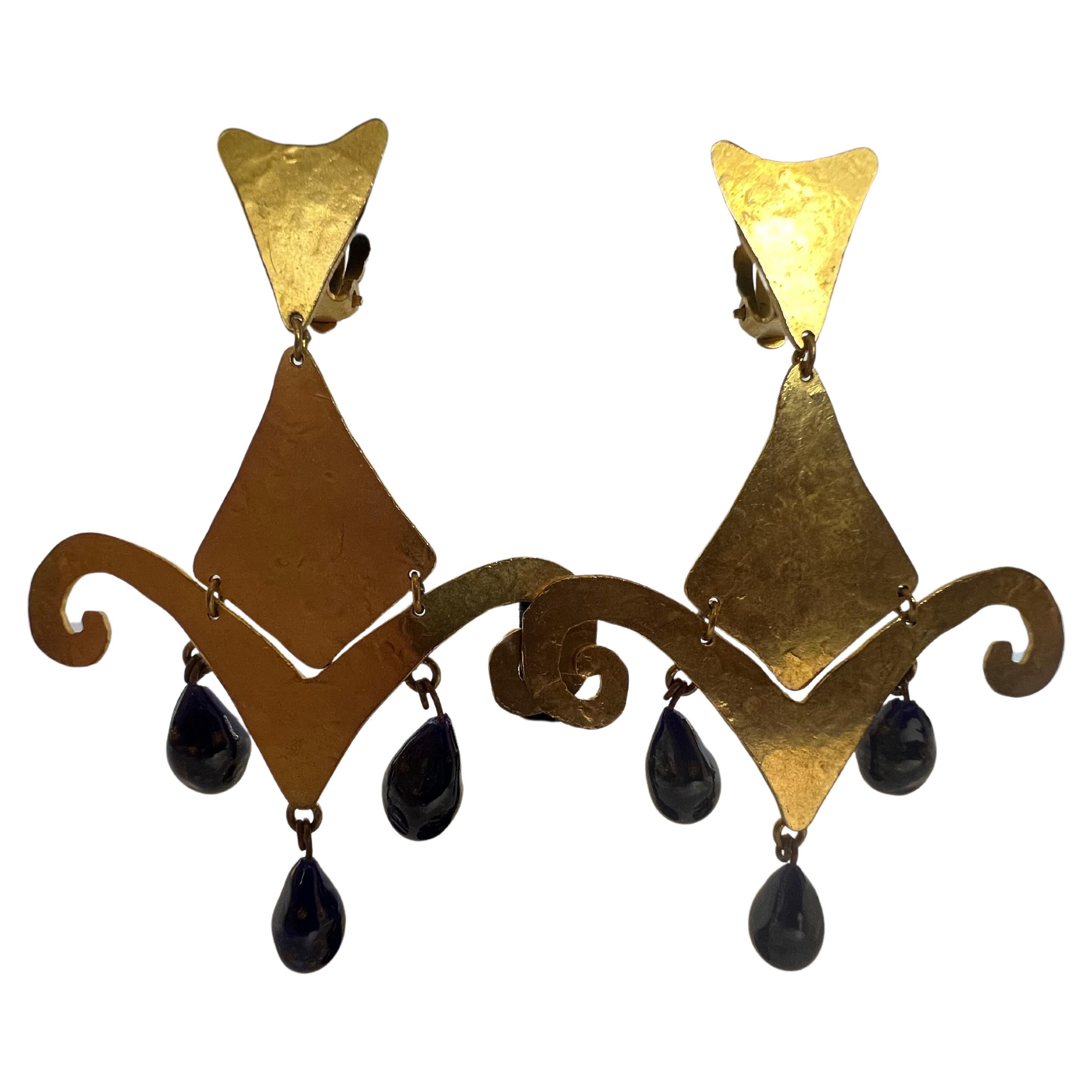 Vintage Herve Van Der Straeten Gilt Blue Drop Earrings For Sale