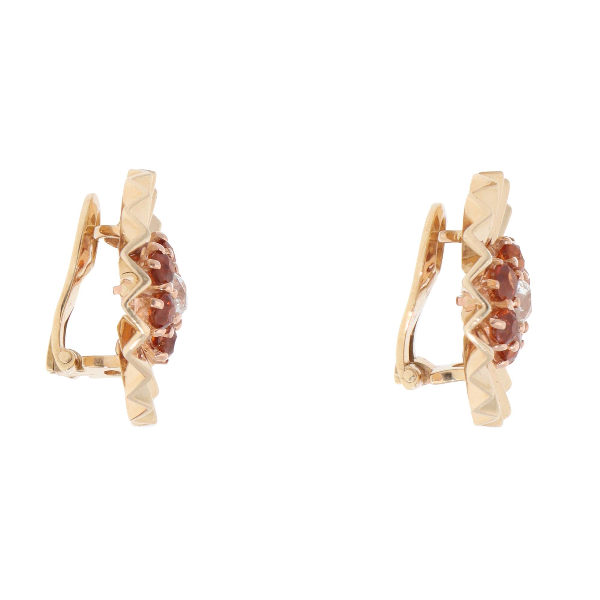 Old European Cut Vintage Hessonite Garnet and Diamond Floral Clip Earrings in Yellow Gold