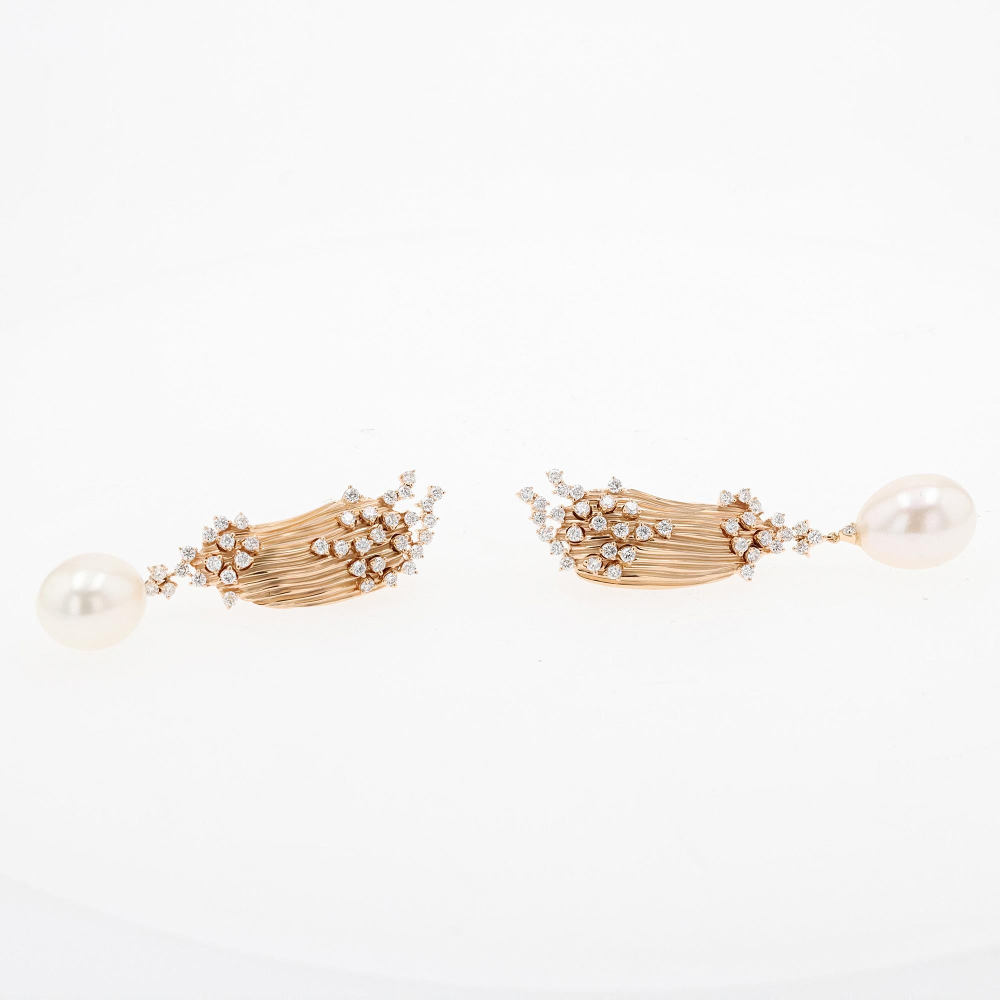 Retro Vintage Heub Plisse 18k Rose Gold Earrings with Pearls For Sale