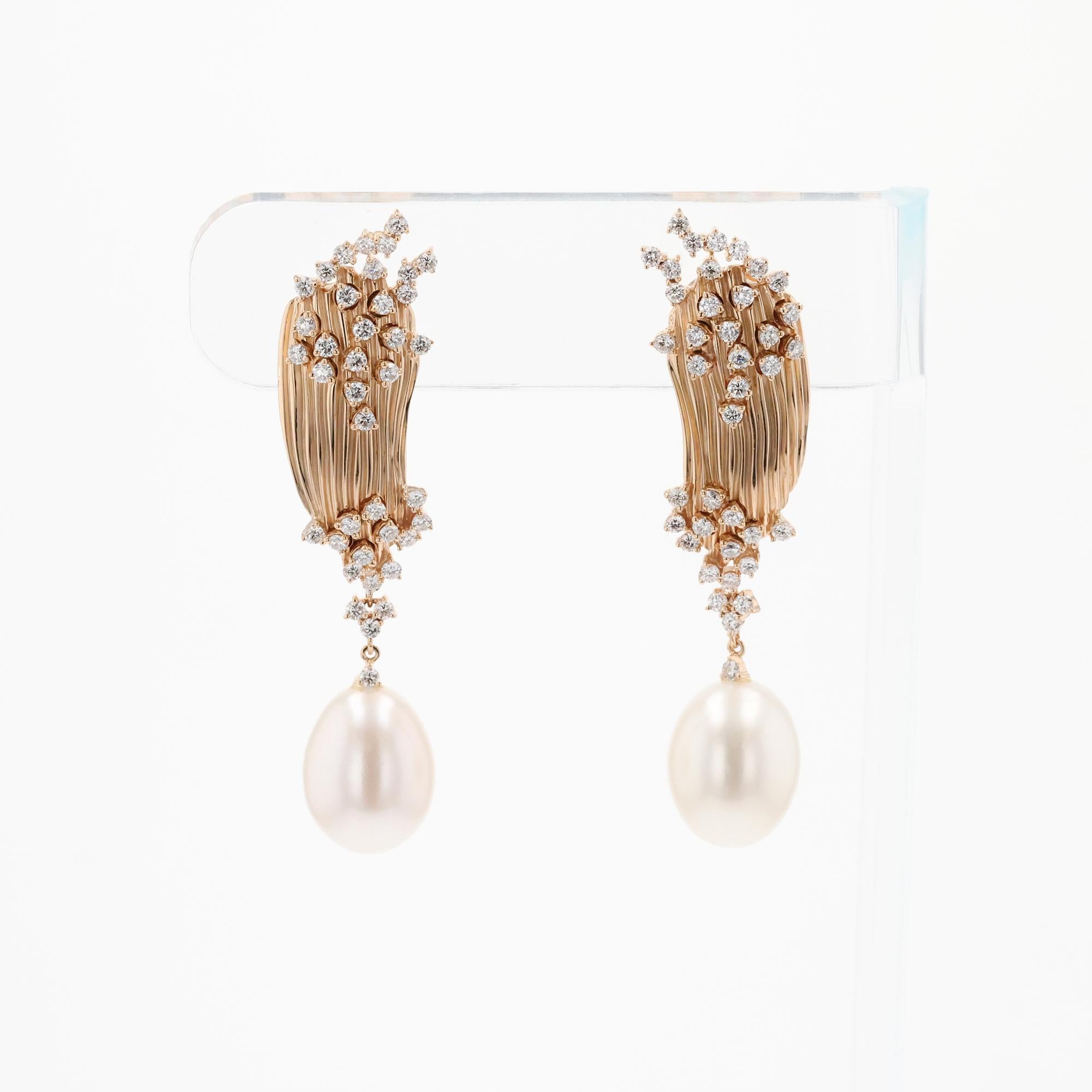 Brilliant Cut Vintage Heub Plisse 18k Rose Gold Earrings with Pearls For Sale