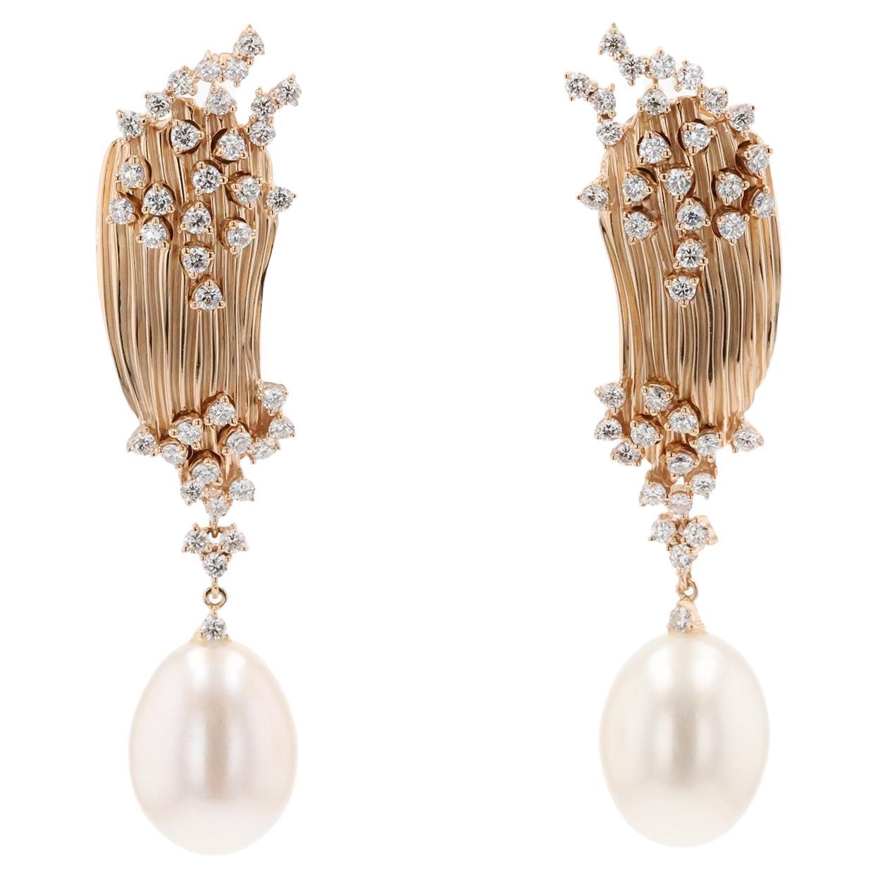 Vintage Heub Plisse 18k Rose Gold Earrings with Pearls For Sale