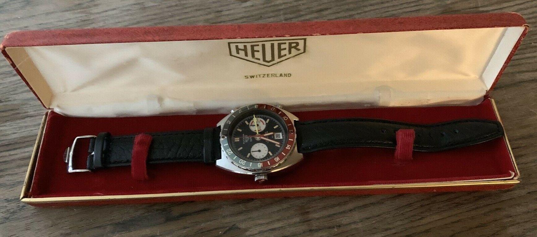 Women's or Men's Vintage Heuer Autavia GMT 11630 Automatic Chronograph Watch with Box For Sale