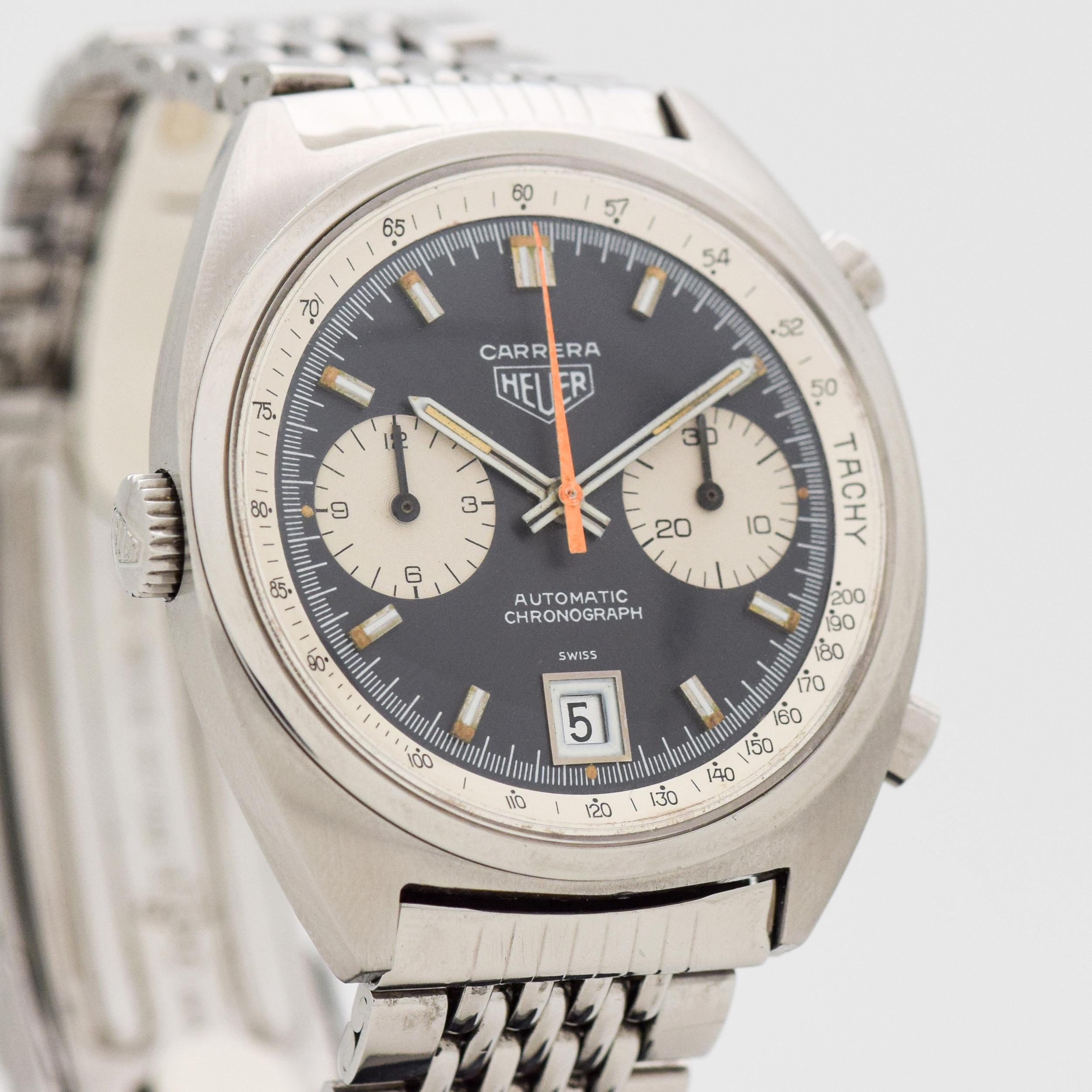 1969 Vintage Heuer Carrera Ref. 1153-N Very Early Automatic 2 Register Chronograph Stainless Steel watch Original Two Tone Black Dial with Silver Sub Dials with Applied Steel Stick/Bar/Baton Markers with White Inlay with Original Heuer/Gay Freres