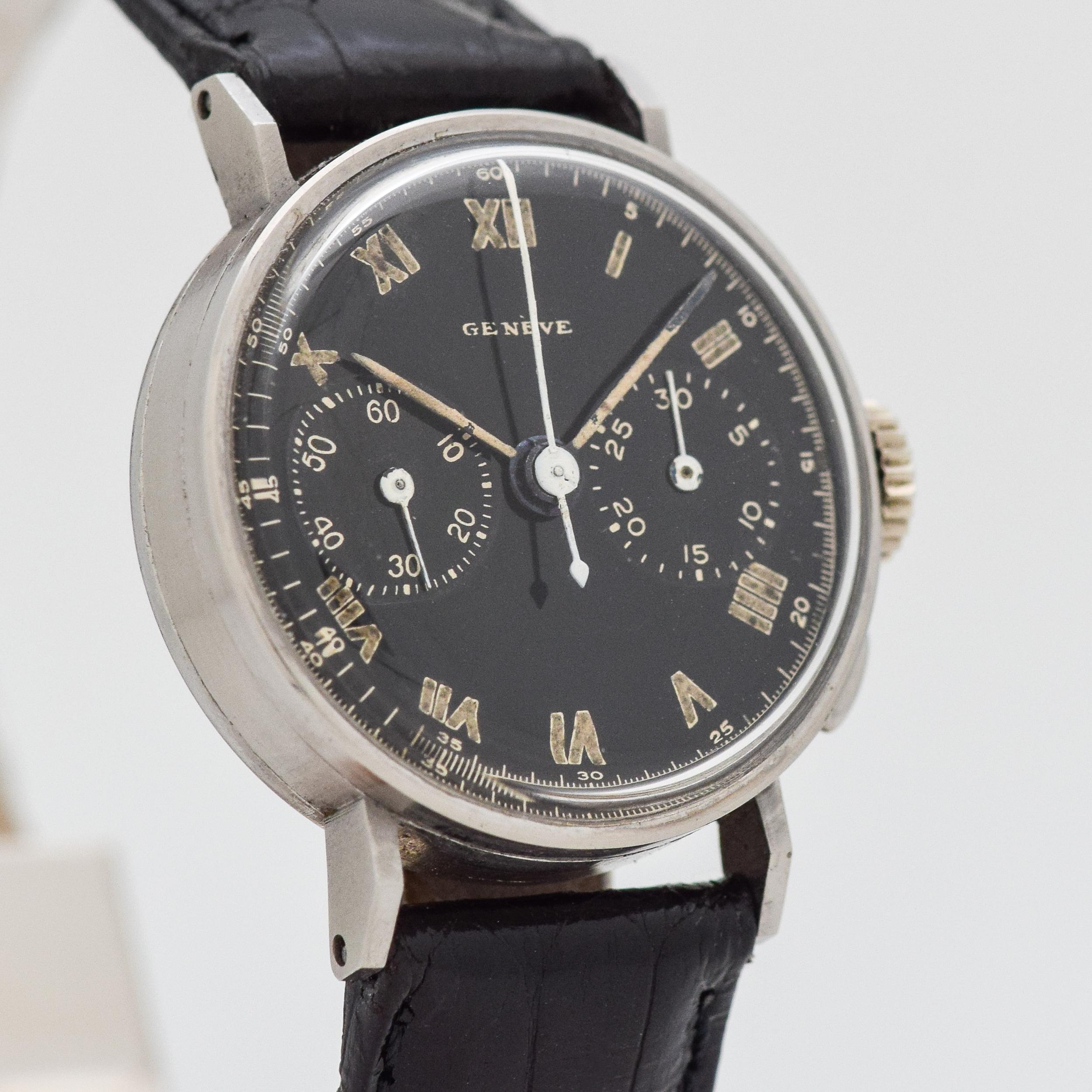 1950's Vintage RARE Heuer Mid-Size 2 Register Chronograph Stainless Steel watch with Black Dial with Luminous Roman Numerals. Suitable for Man, Woman, or Child. 28mm x 34mm lug to lug (1.1 in. x 1.34 in.) - 17 jewel, manual caliber movement. 