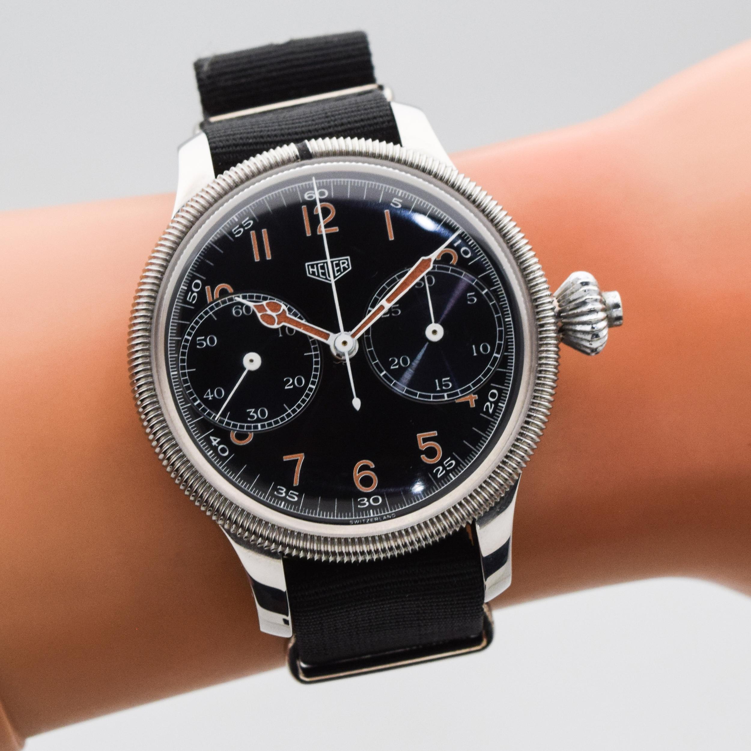 Vintage Heuer Monopoussoir Stainless Steel Watch, 1950s For Sale 3