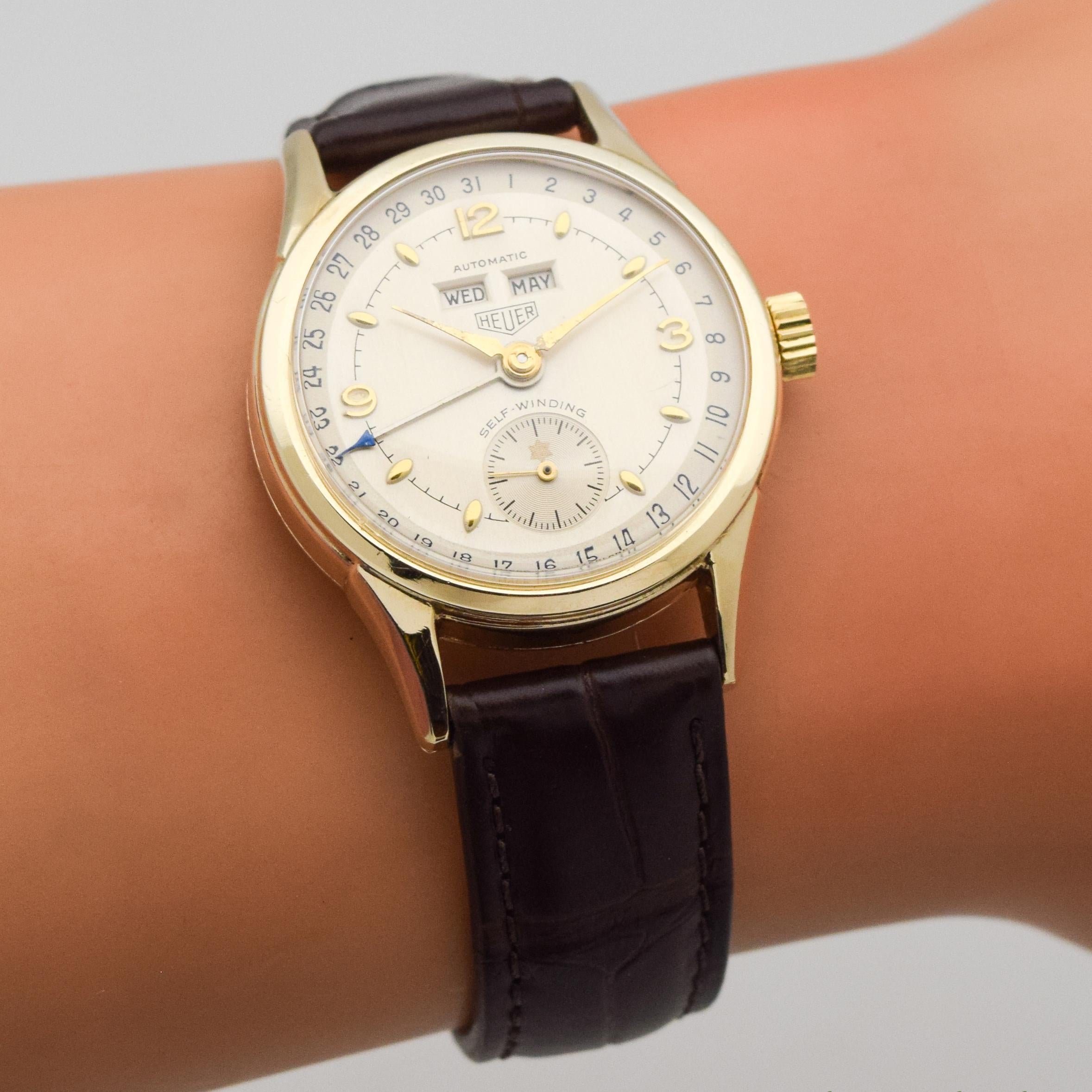 Vintage Heuer Triple Date 14 Karat Yellow Gold Plated Watch 1